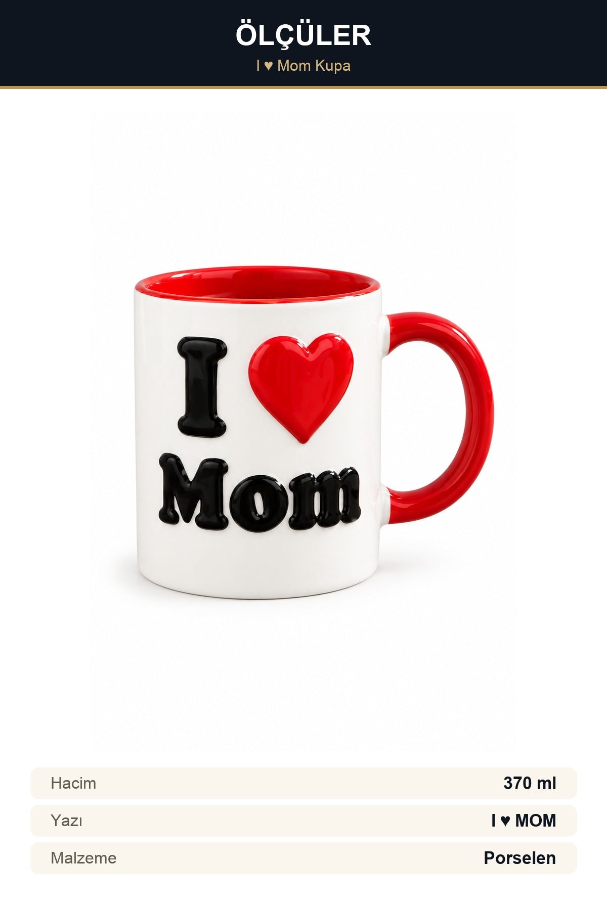I Love Mom Yazılı Porselen Kupa 370 ml Kabartma Yazılı Çay Kahve Kupas