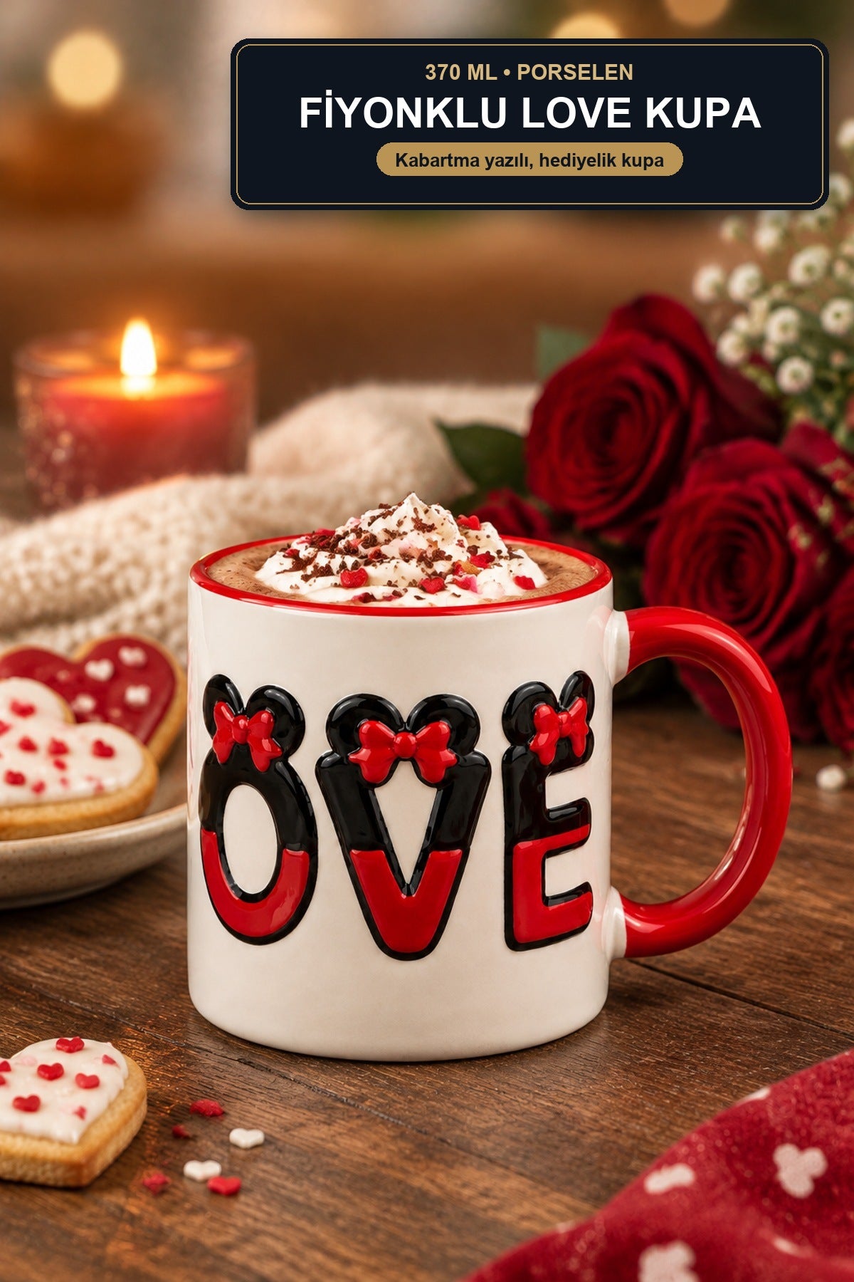 Fiyonklu Love Yazılı Porselen Kupa 370 ml Kabartma Yazılı Çay Kahve Ku