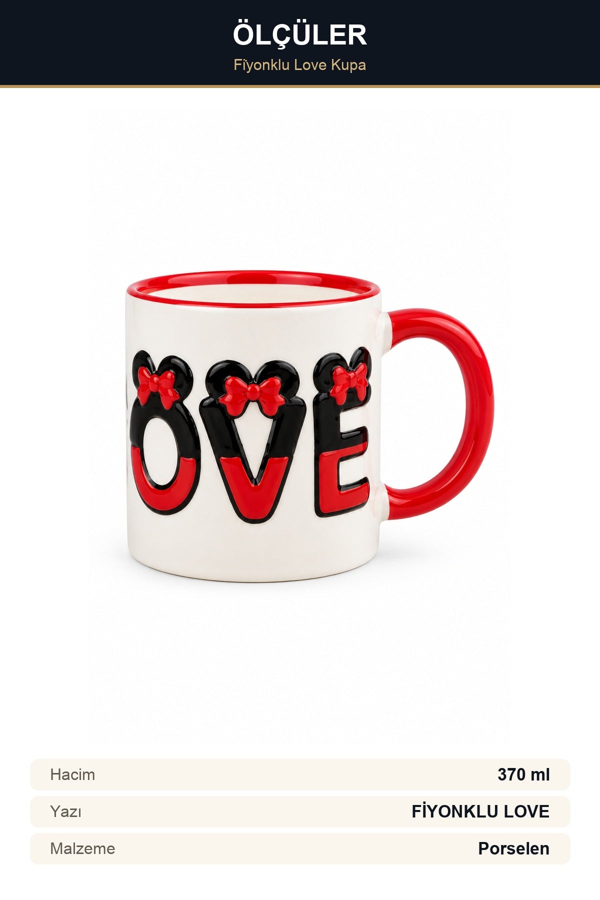 Fiyonklu Love Yazılı Porselen Kupa 370 ml Kabartma Yazılı Çay Kahve Ku
