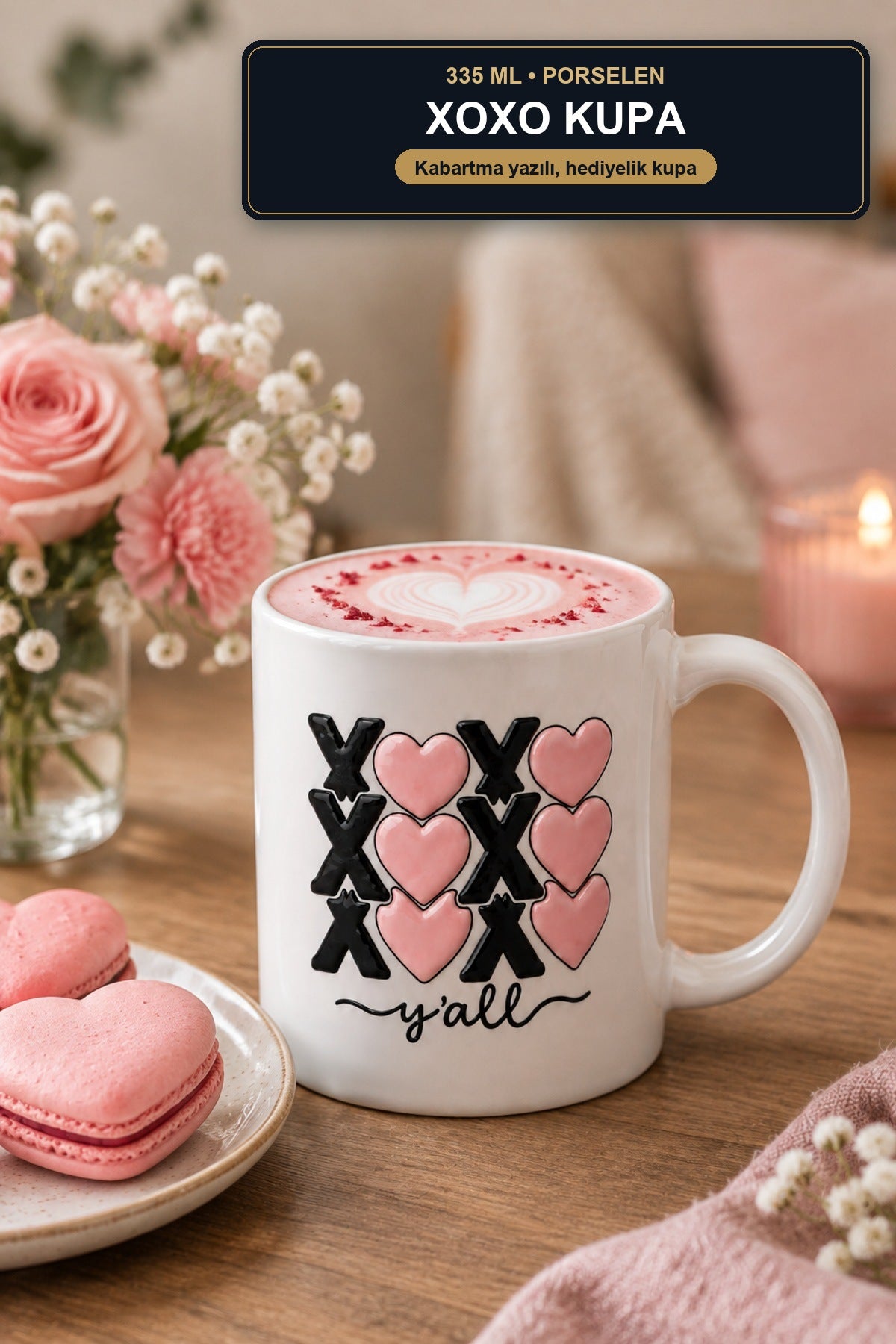 XOXO Yazılı Porselen Kupa 335 ml Kabartma Yazılı Çay Kahve Kupası Hedi
