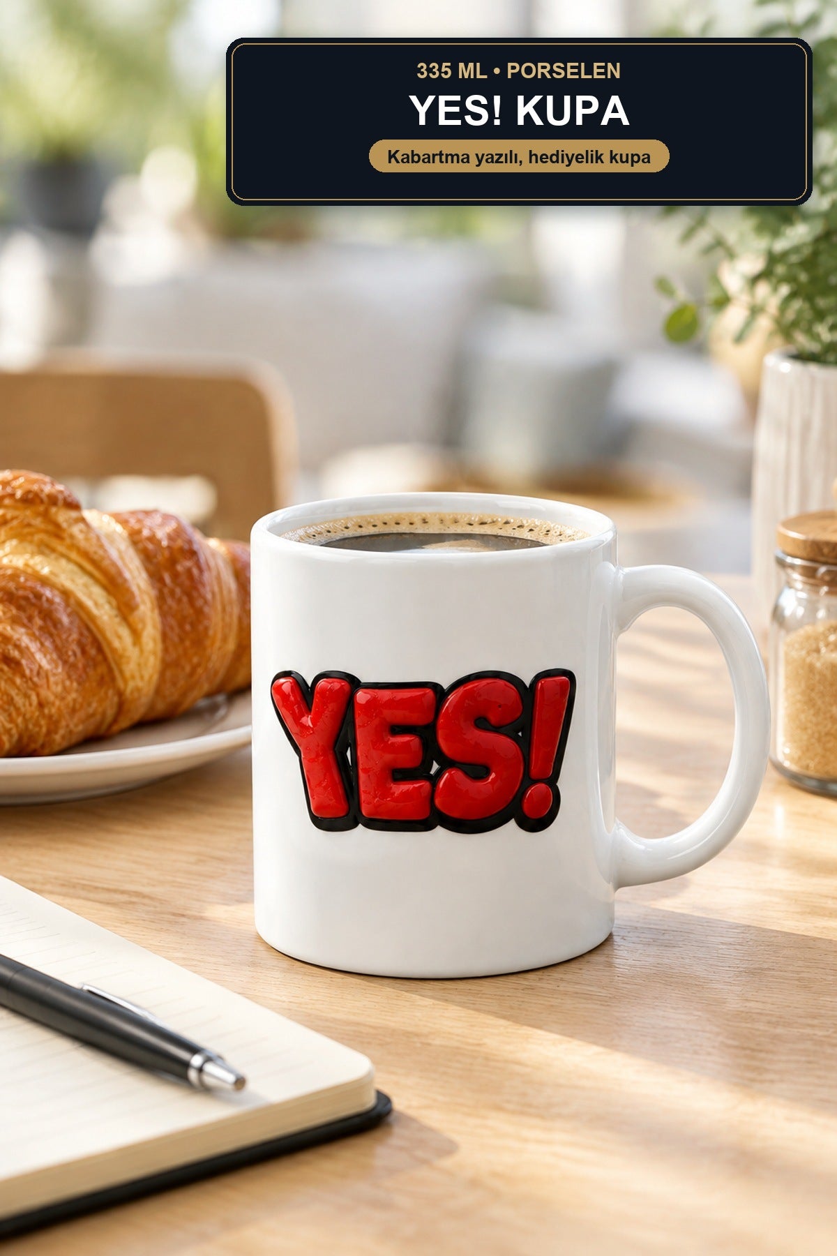 Yes Yazılı Porselen Kupa 335 ml Kabartma Yazılı Çay Kahve Kupası Hediy