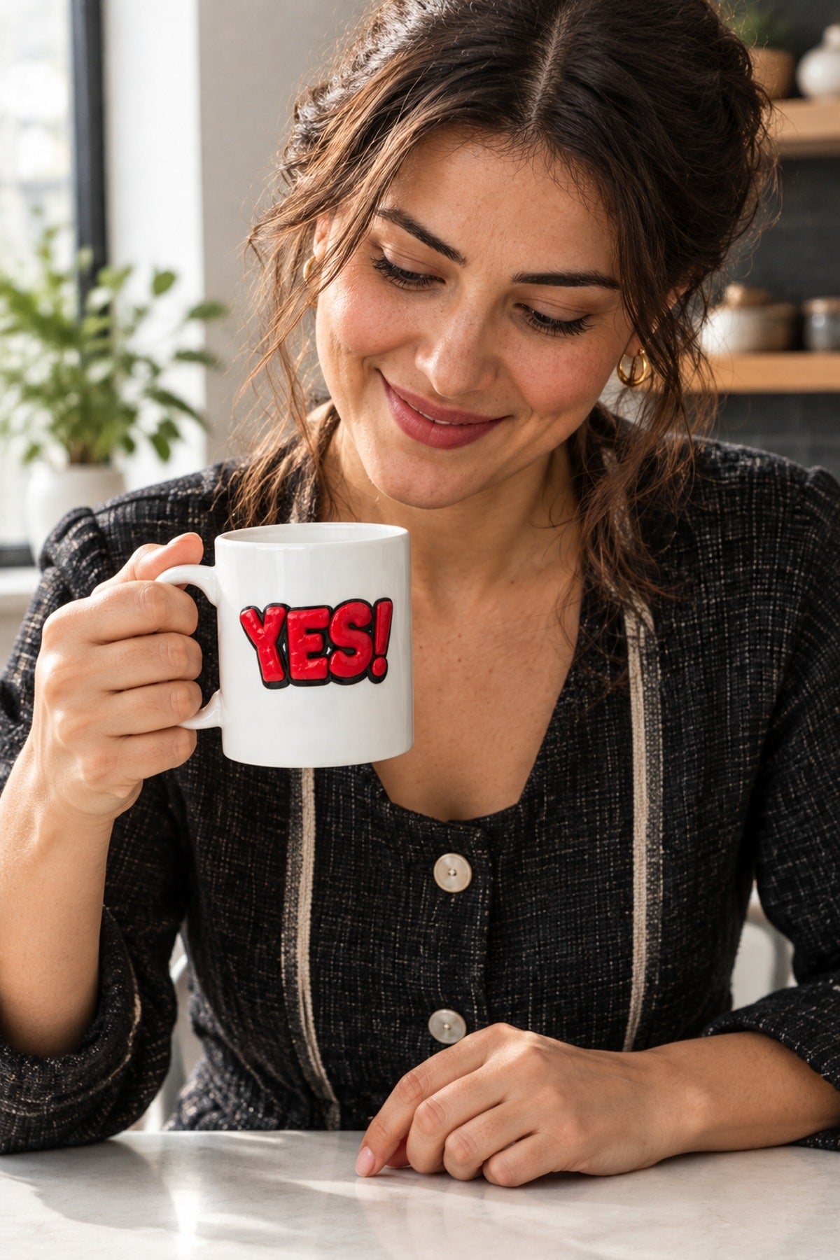 Yes Yazılı Porselen Kupa 335 ml Kabartma Yazılı Çay Kahve Kupası Hediy