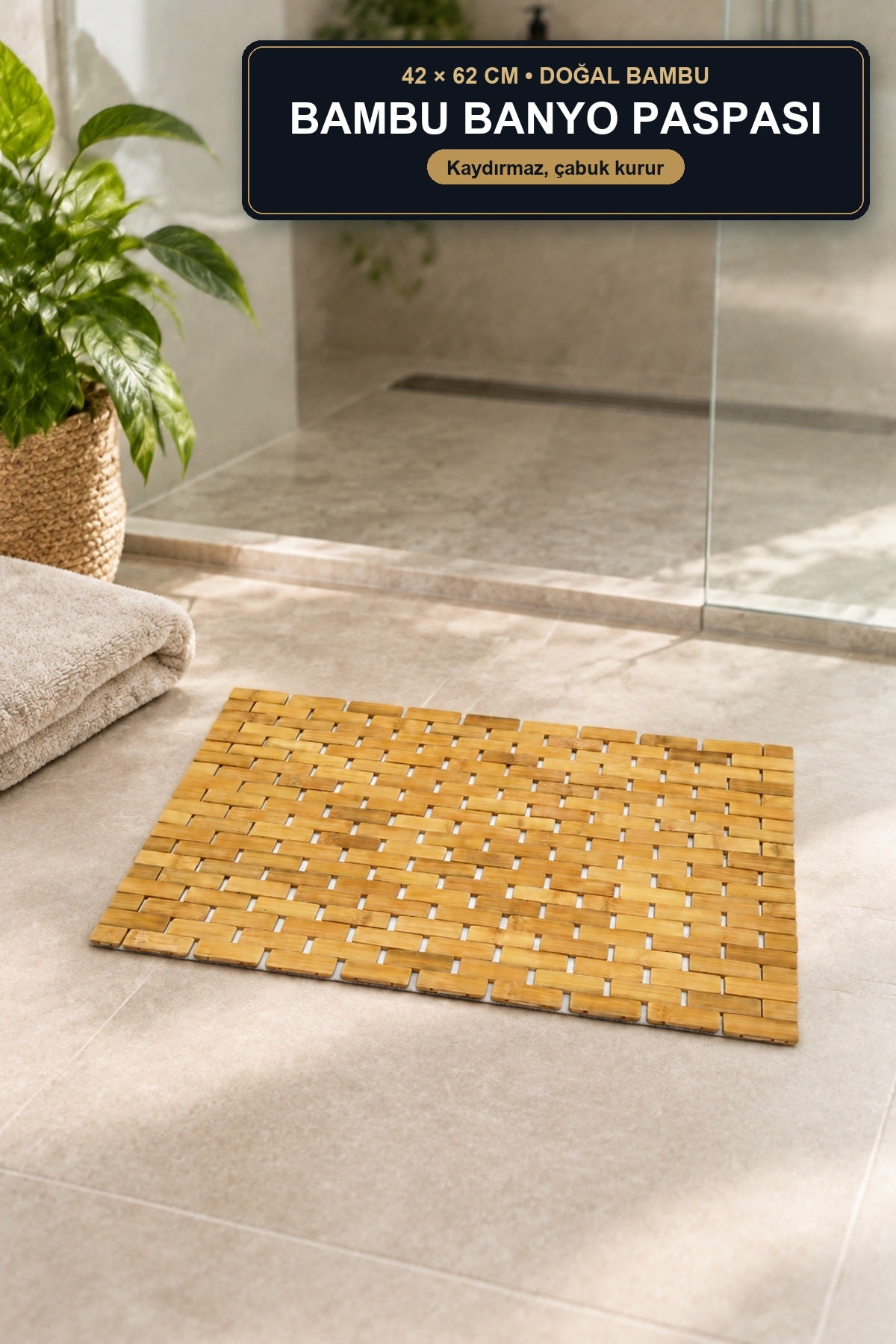 Bambu Banyo Paspası 42x62 cm Kaydırmaz Doğal Ahşap Duş Önü Paspası