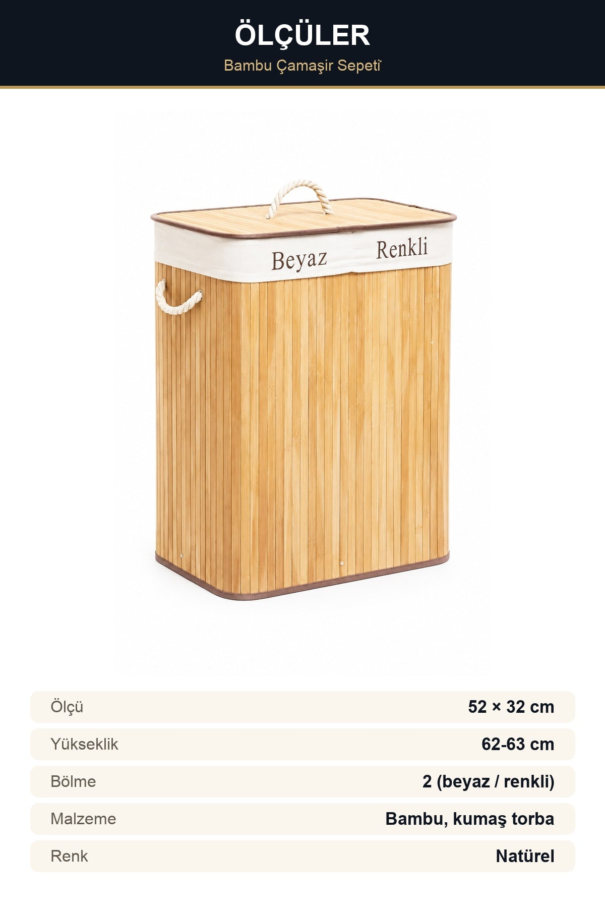 2 Bölmeli Bambu Kirli Çamaşır Sepeti 52x32 cm Kapaklı Kumaş Torbalı İp Natürel