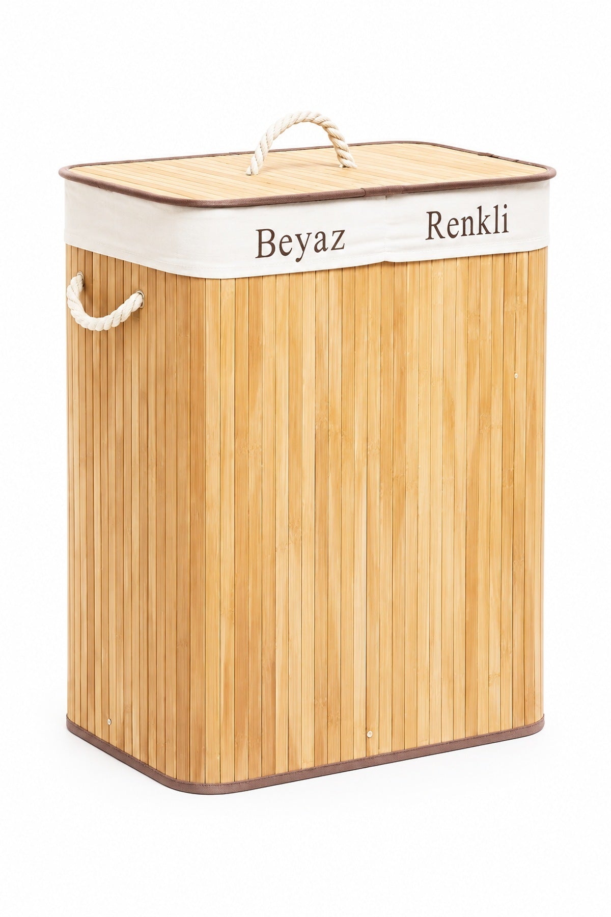 2 Bölmeli Bambu Kirli Çamaşır Sepeti 52x32 cm Kapaklı Kumaş Torbalı İp Natürel