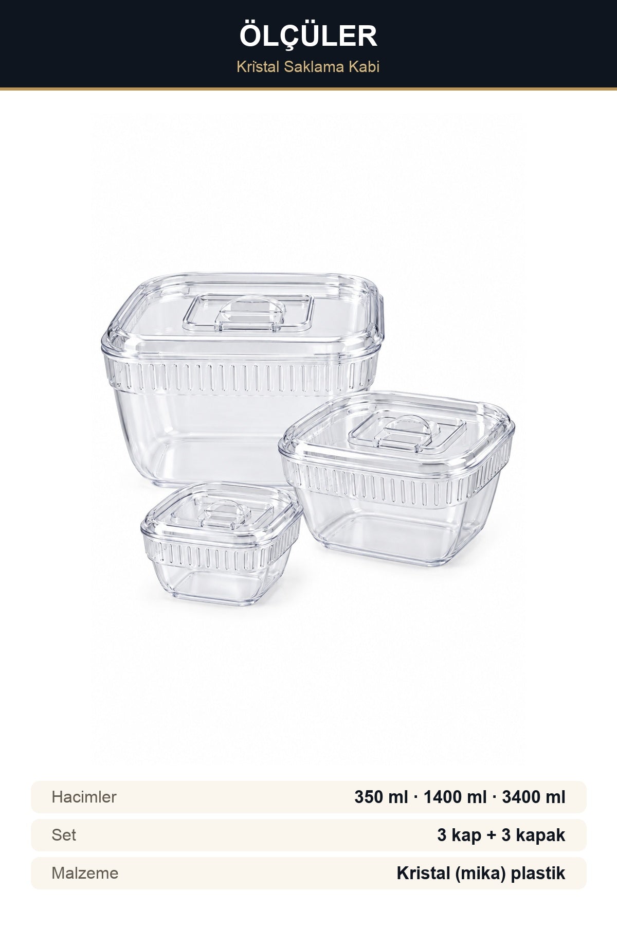 3'lü Kare Kristal Saklama Kabı Seti 350 ml 1400 ml 3400 ml Şeffaf Kapa