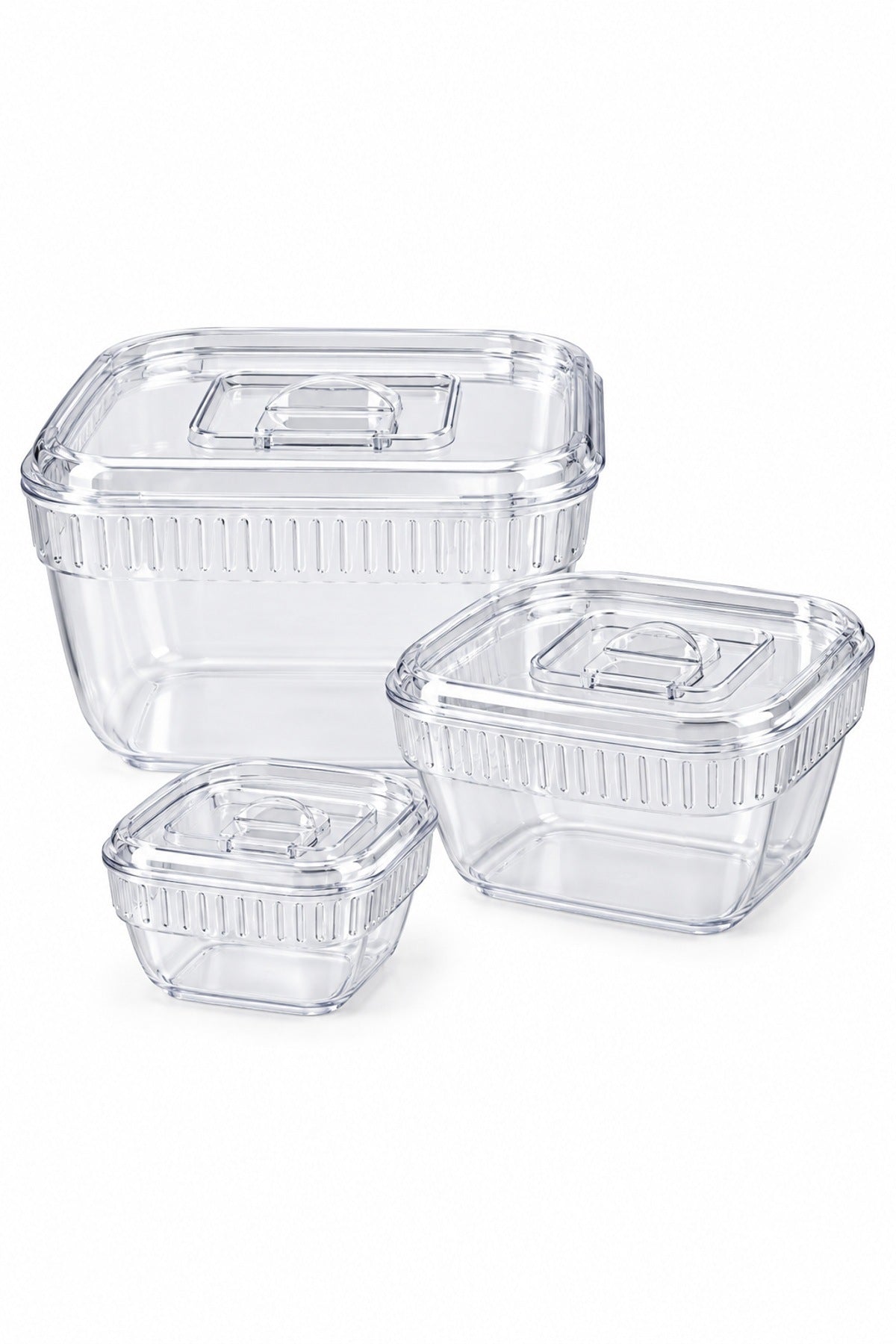 3'lü Kare Kristal Saklama Kabı Seti 350 ml 1400 ml 3400 ml Şeffaf Kapa