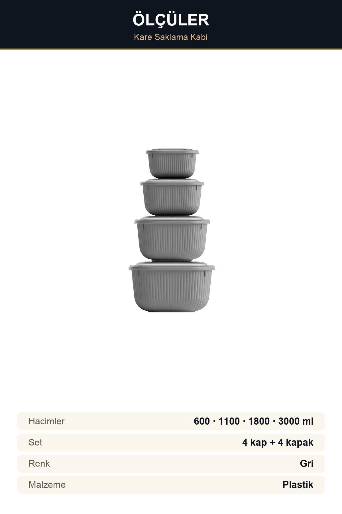 4'lü Kare Sızdırmaz Saklama Kabı Seti 600-1100-1800-3000 ml Gri Şeffaf Kapaklı
