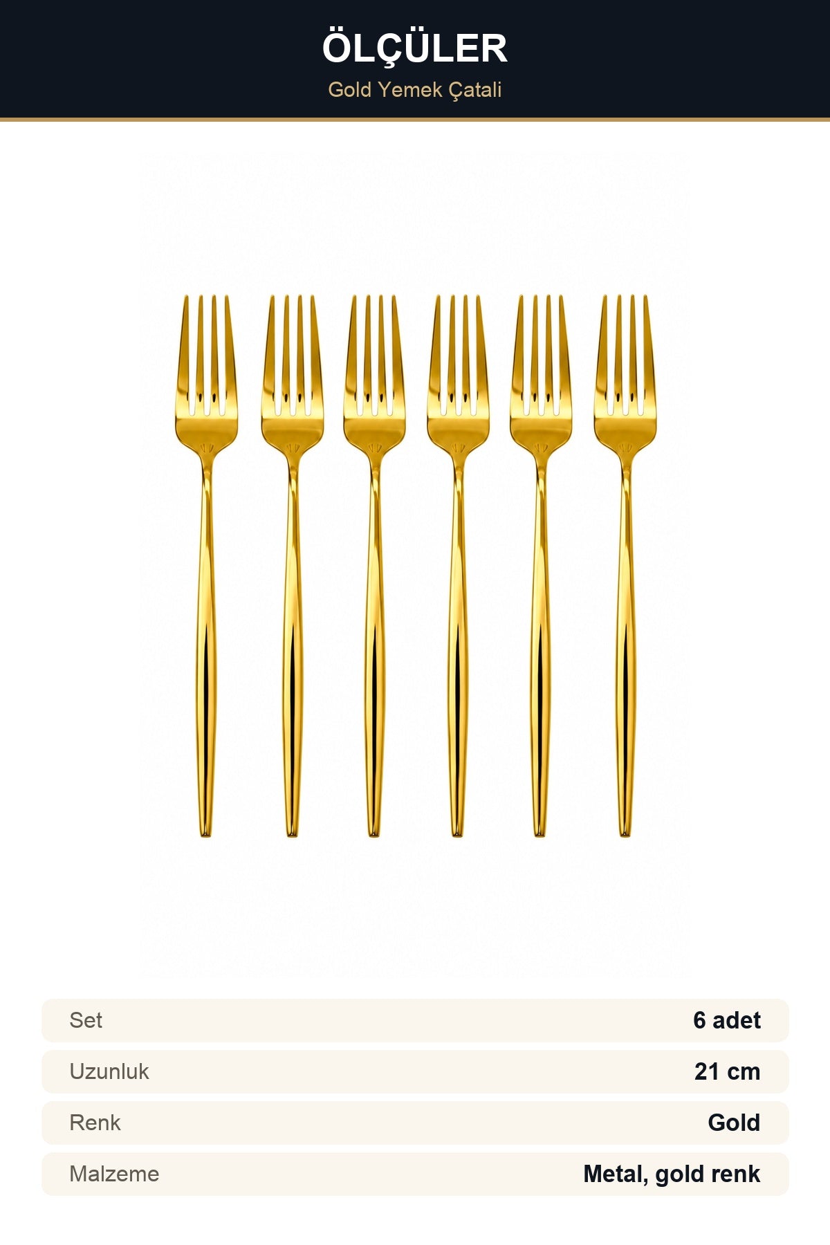 6'lı Gold Yemek Çatalı Seti 21 cm Metal Altın Renk İnce Saplı Şık Sofr