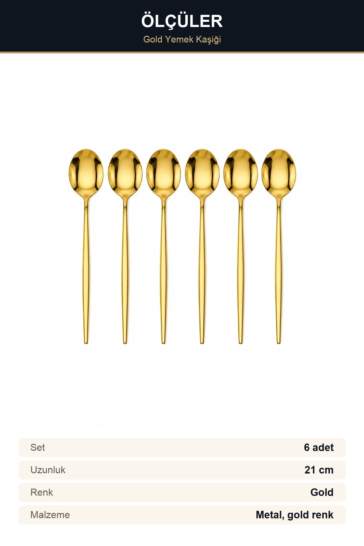 6'lı Gold Yemek Kaşığı Seti 21 cm Metal Altın Renk İnce Saplı Şık Sofr