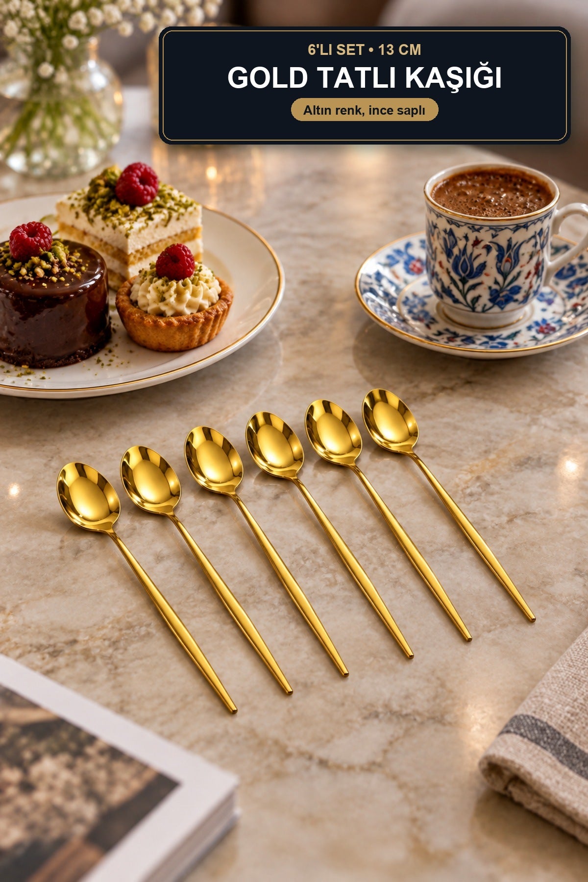 6'lı Gold Tatlı Kaşığı Seti 13 cm Metal Altın Renk İnce Saplı Şık Sofr