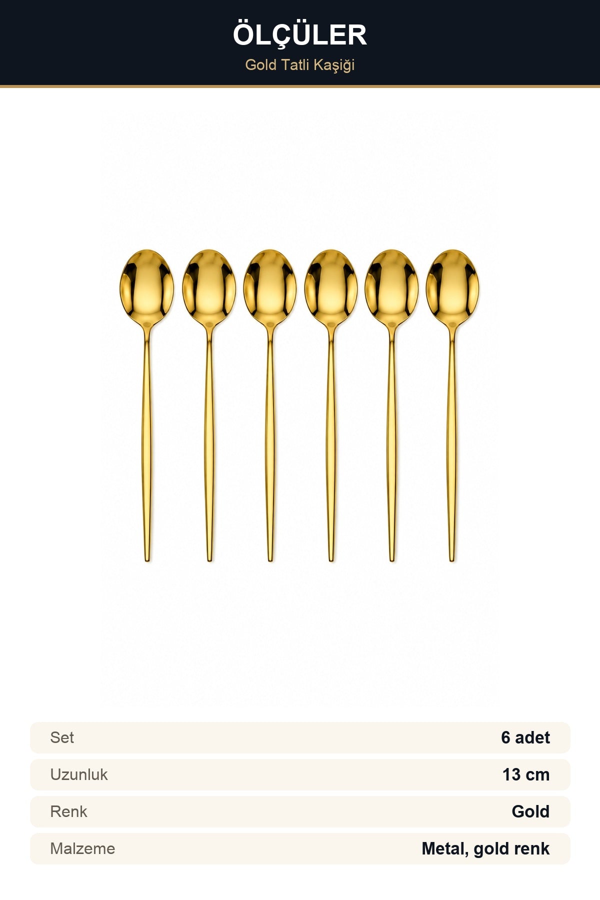 6'lı Gold Tatlı Kaşığı Seti 13 cm Metal Altın Renk İnce Saplı Şık Sofr