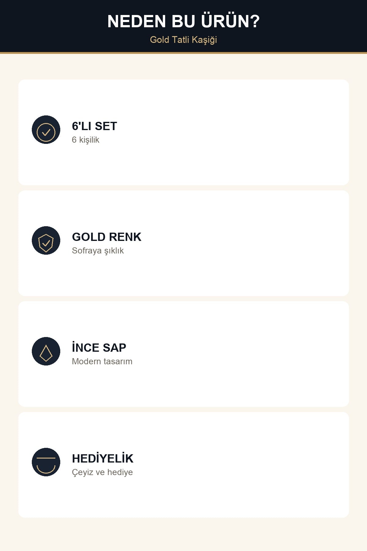 6'lı Gold Tatlı Kaşığı Seti 13 cm Metal Altın Renk İnce Saplı Şık Sofr