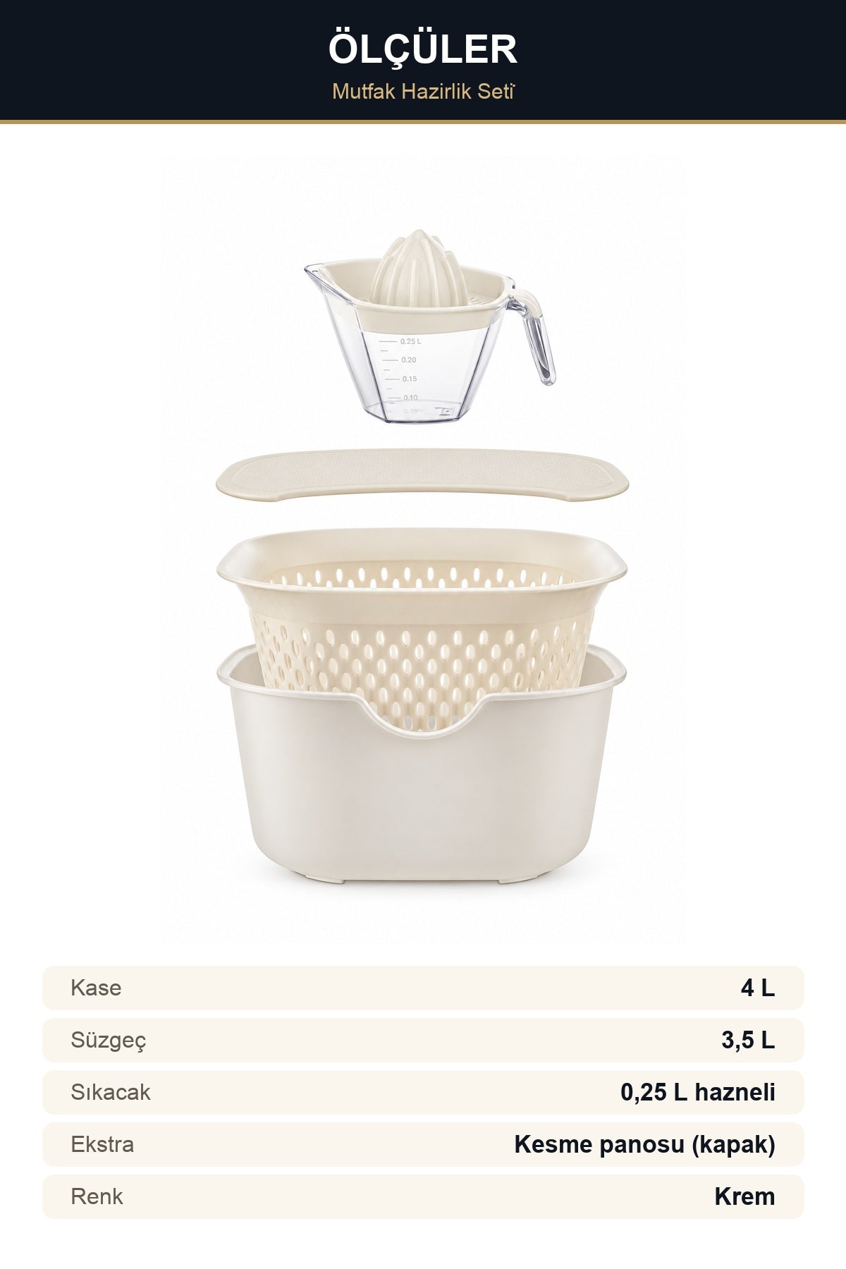 5 Parça Mutfak Hazırlık Seti 4 L Kase 3,5 L Süzgeç Kesme Panosu Limon  Krem