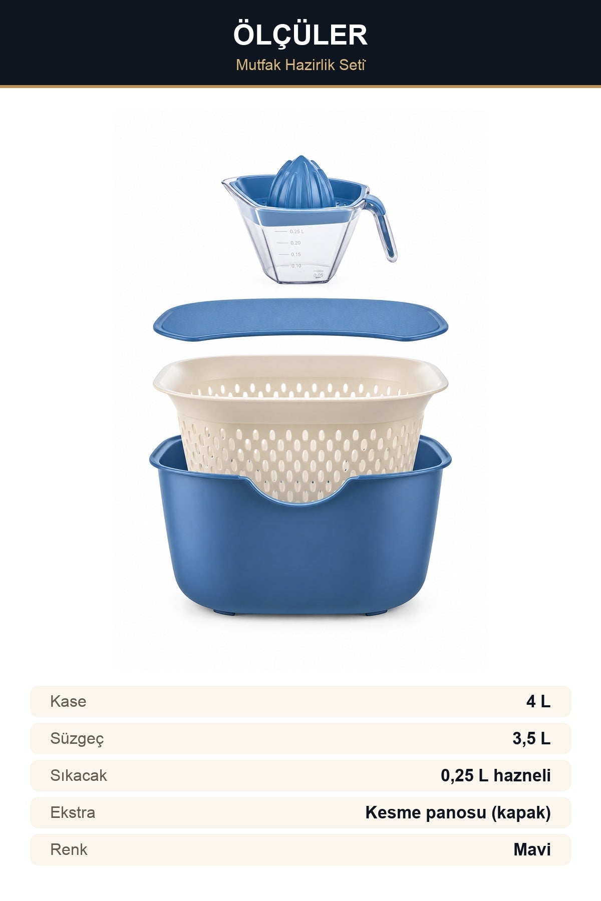 5 Parça Mutfak Hazırlık Seti 4 L Kase 3,5 L Süzgeç Kesme Panosu Limon  Mavi