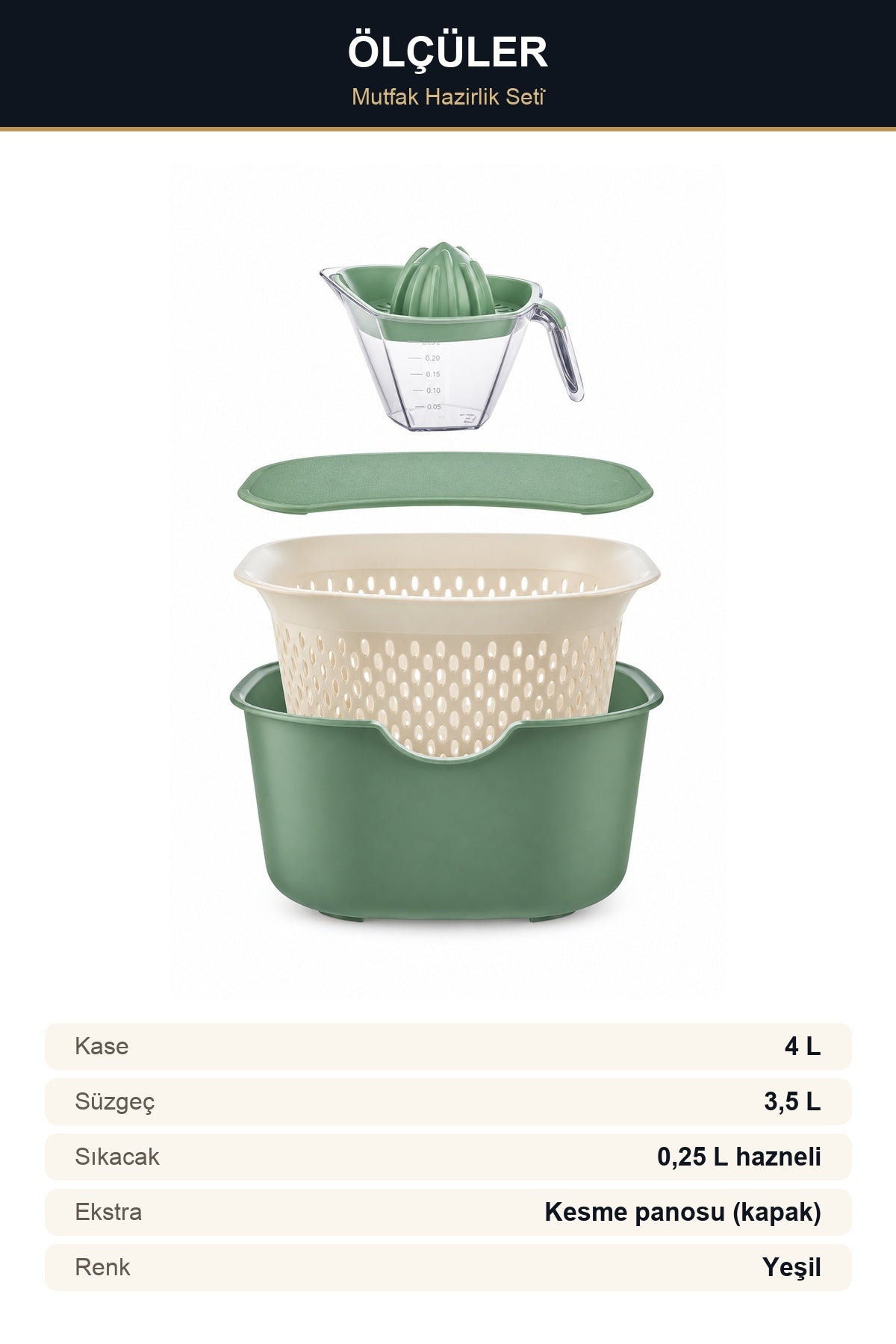 5 Parça Mutfak Hazırlık Seti 4 L Kase 3,5 L Süzgeç Kesme Panosu Limon  Yeşil