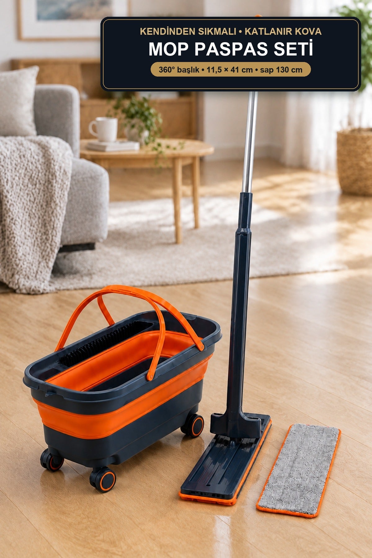 Kendinden Sıkmalı Tekerlekli Katlanır Kovalı Mop Seti 360° Başlık 11,5