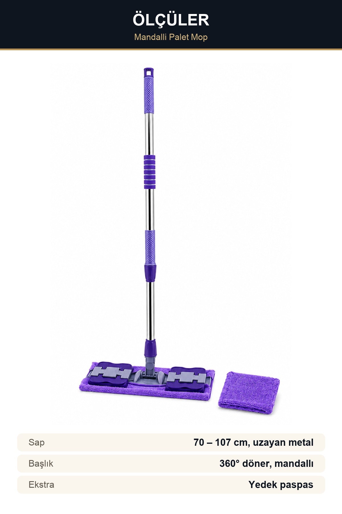 Mandallı Palet Mop Yedek Paspaslı 360° Döner Başlık 70-107 cm Uzayan S