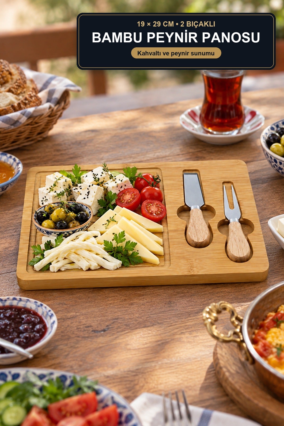 Bambu Peynir ve Kahvaltı Sunum Panosu 19x29 cm 2 Peynir Bıçaklı Servis