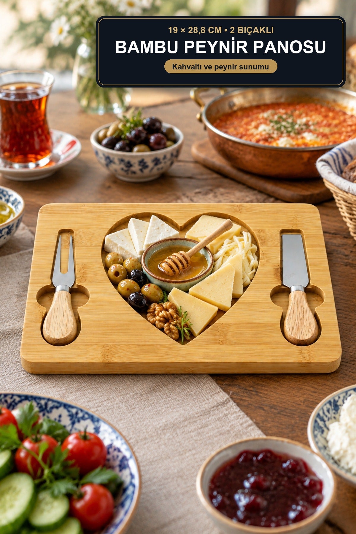 Kalpli Bambu Peynir ve Kahvaltı Sunum Panosu 19x28,8 cm 2 Peynir Bıçak