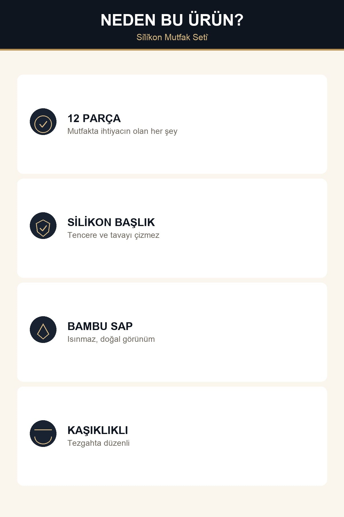 12 Parça Silikon Mutfak Gereçleri Seti Bambu Saplı Kaşıklıklı Bej Spat Bej
