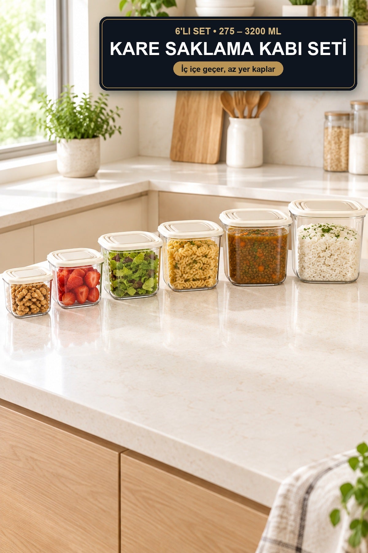 6'lı Kare Saklama Kabı Seti 275-3200 ml İç İçe Geçen Kapaklı Şeffaf Pl