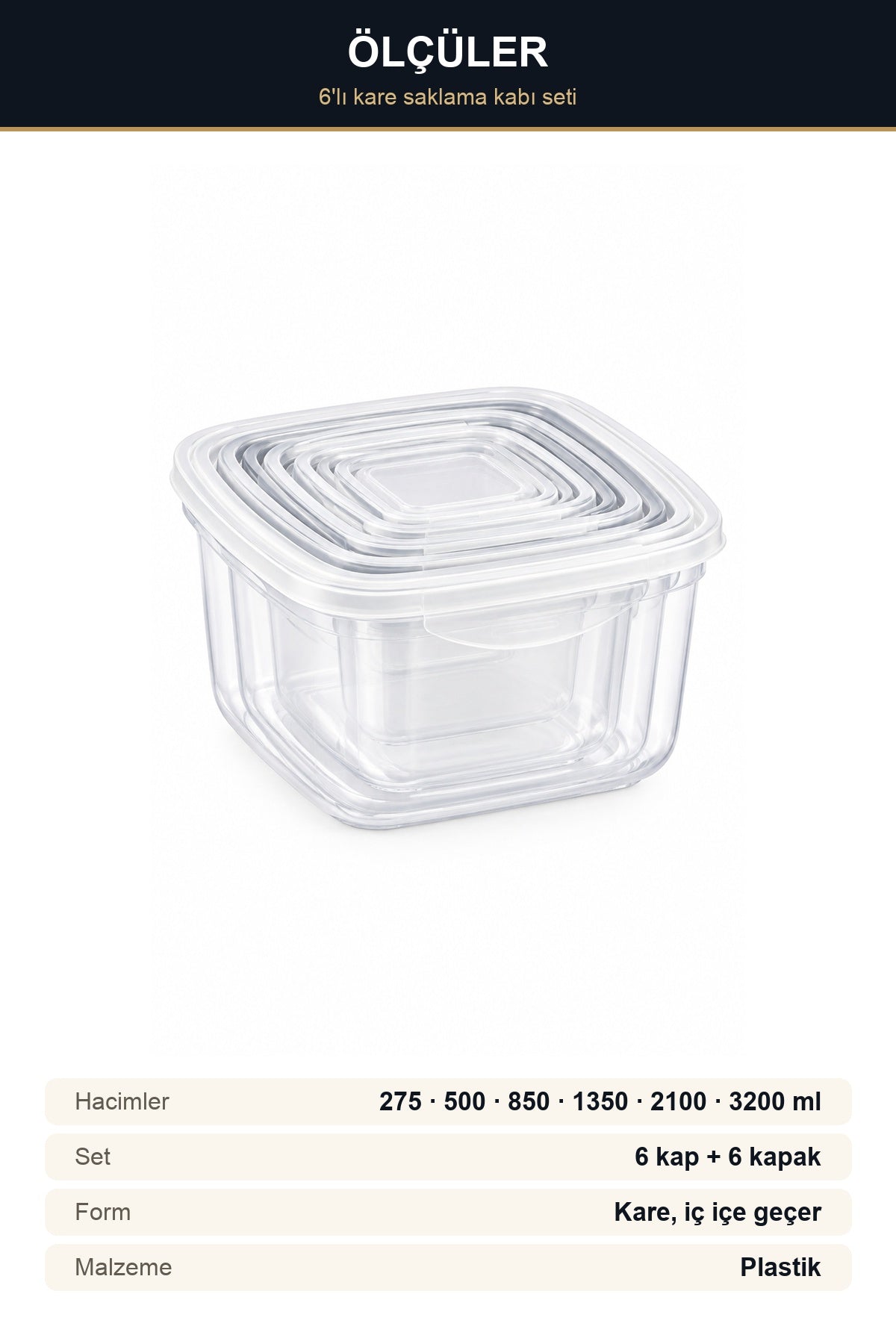 6'lı Kare Saklama Kabı Seti 275-3200 ml İç İçe Geçen Kapaklı Şeffaf Pl