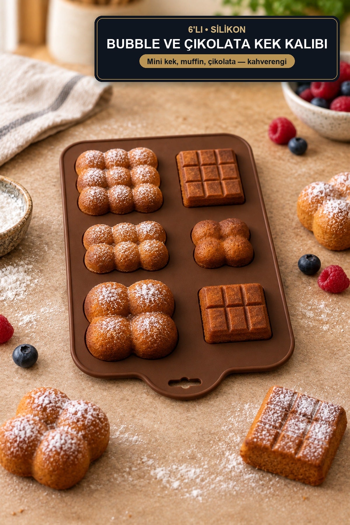 Silikon Bubble ve Çikolata Mini Kek Kalıbı 6'lı Muffin ve Çikolata Kal Kahverengi