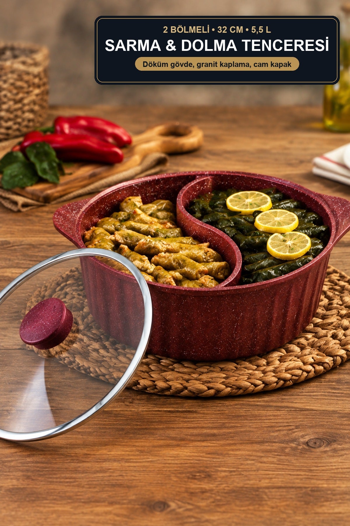 İki Bölmeli Sarma ve Dolma Tenceresi 32 cm 5,5 L Döküm Granit Cam Kapa