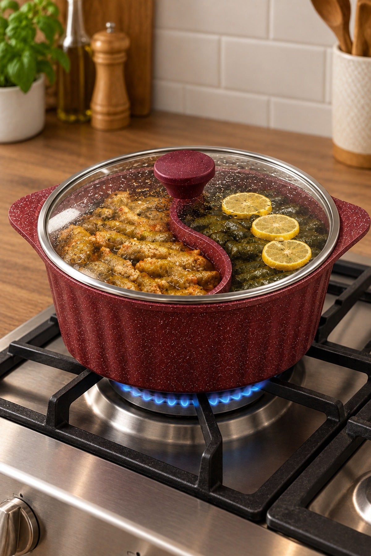 İki Bölmeli Sarma ve Dolma Tenceresi 32 cm 5,5 L Döküm Granit Cam Kapa