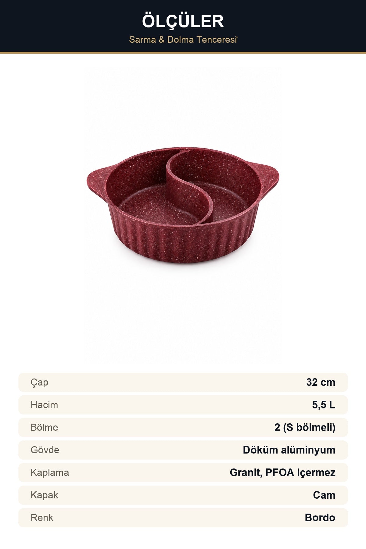 İki Bölmeli Sarma ve Dolma Tenceresi 32 cm 5,5 L Döküm Granit Cam Kapa