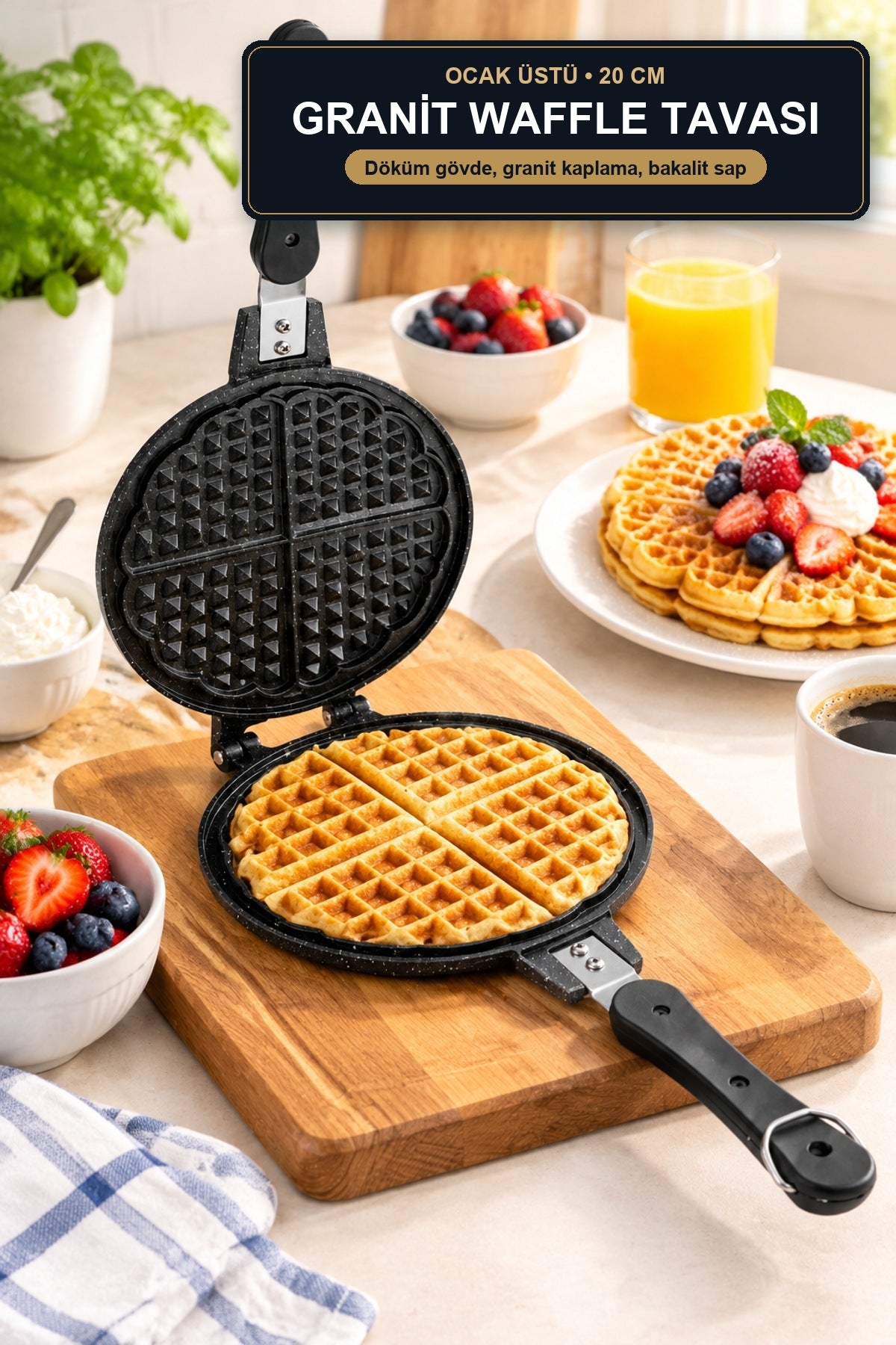 Granit Waffle Tavası 20 cm Ocak Üstü Döküm Bakalit Saplı Yapışmaz Waff