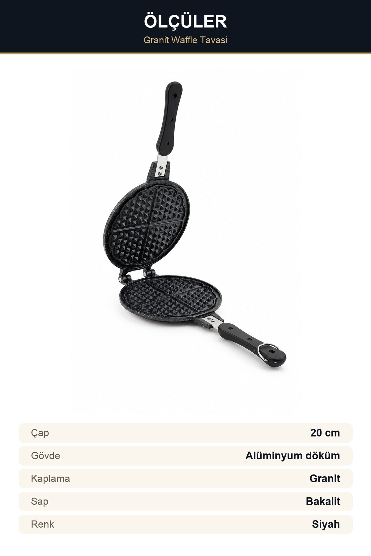 Granit Waffle Tavası 20 cm Ocak Üstü Döküm Bakalit Saplı Yapışmaz Waff
