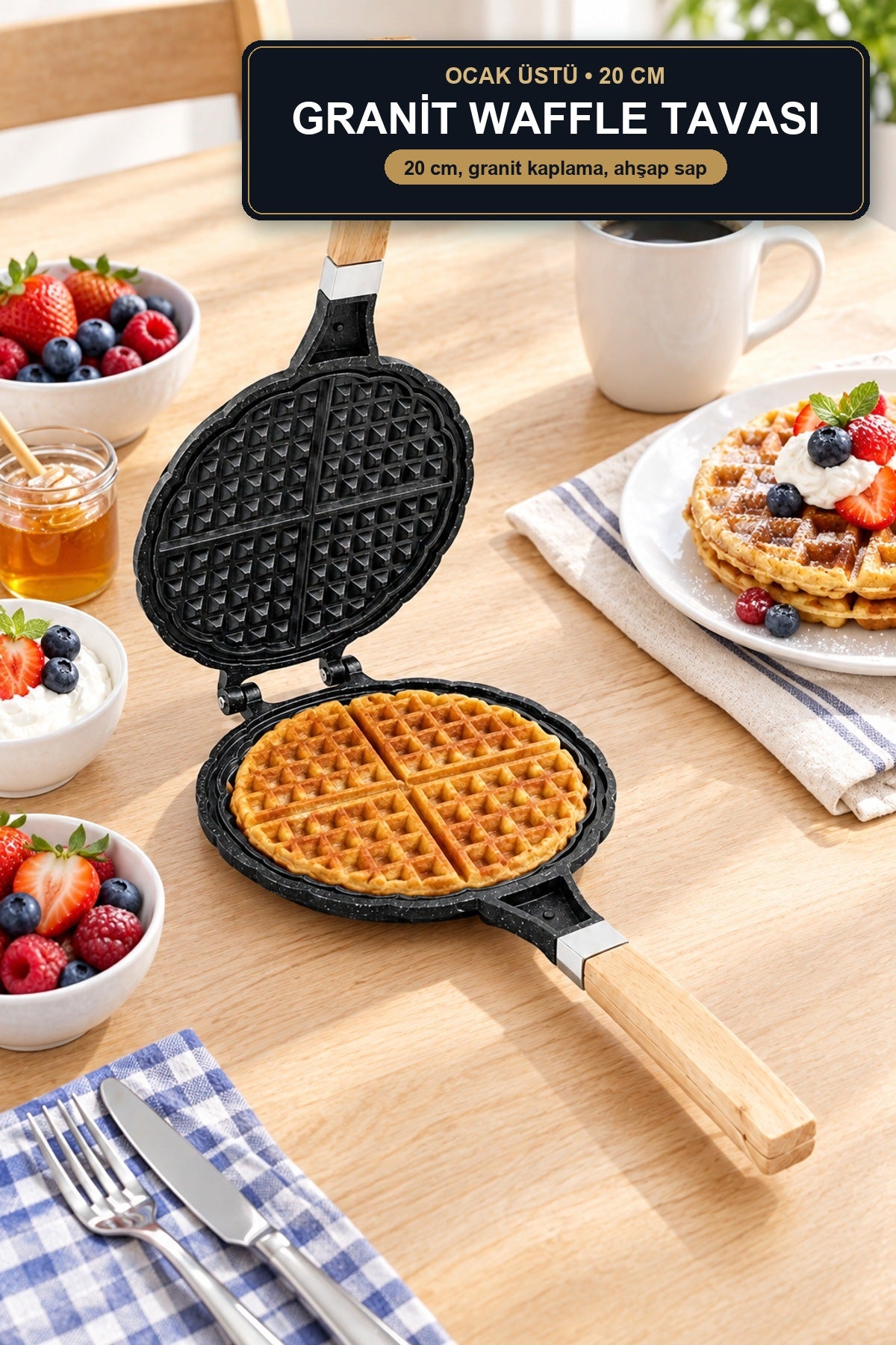 Granit Waffle Tavası 20 cm Ocak Üstü Döküm Ahşap Saplı Yapışmaz Waffle