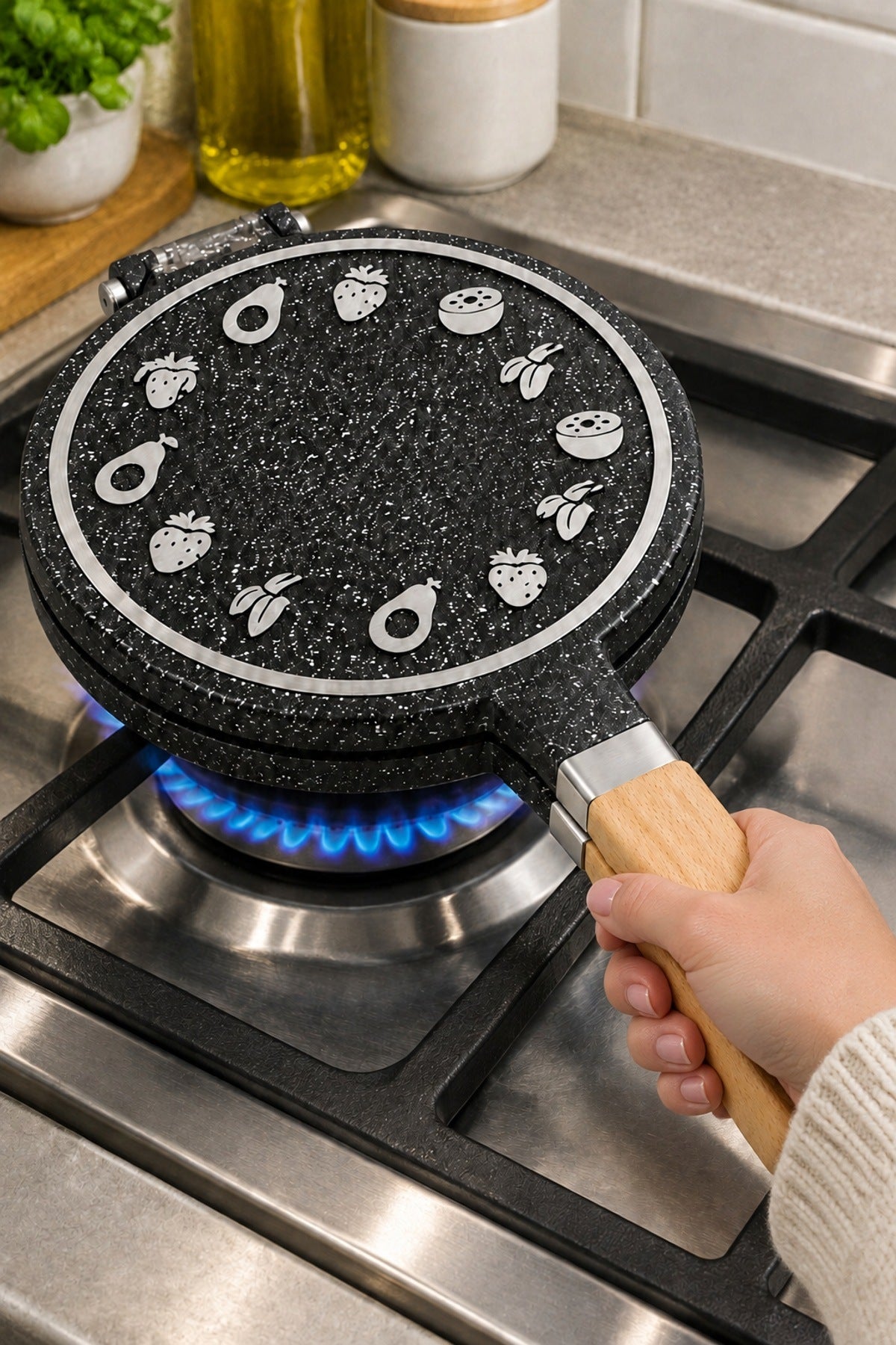 Granit Waffle Tavası 20 cm Ocak Üstü Döküm Ahşap Saplı Yapışmaz Waffle