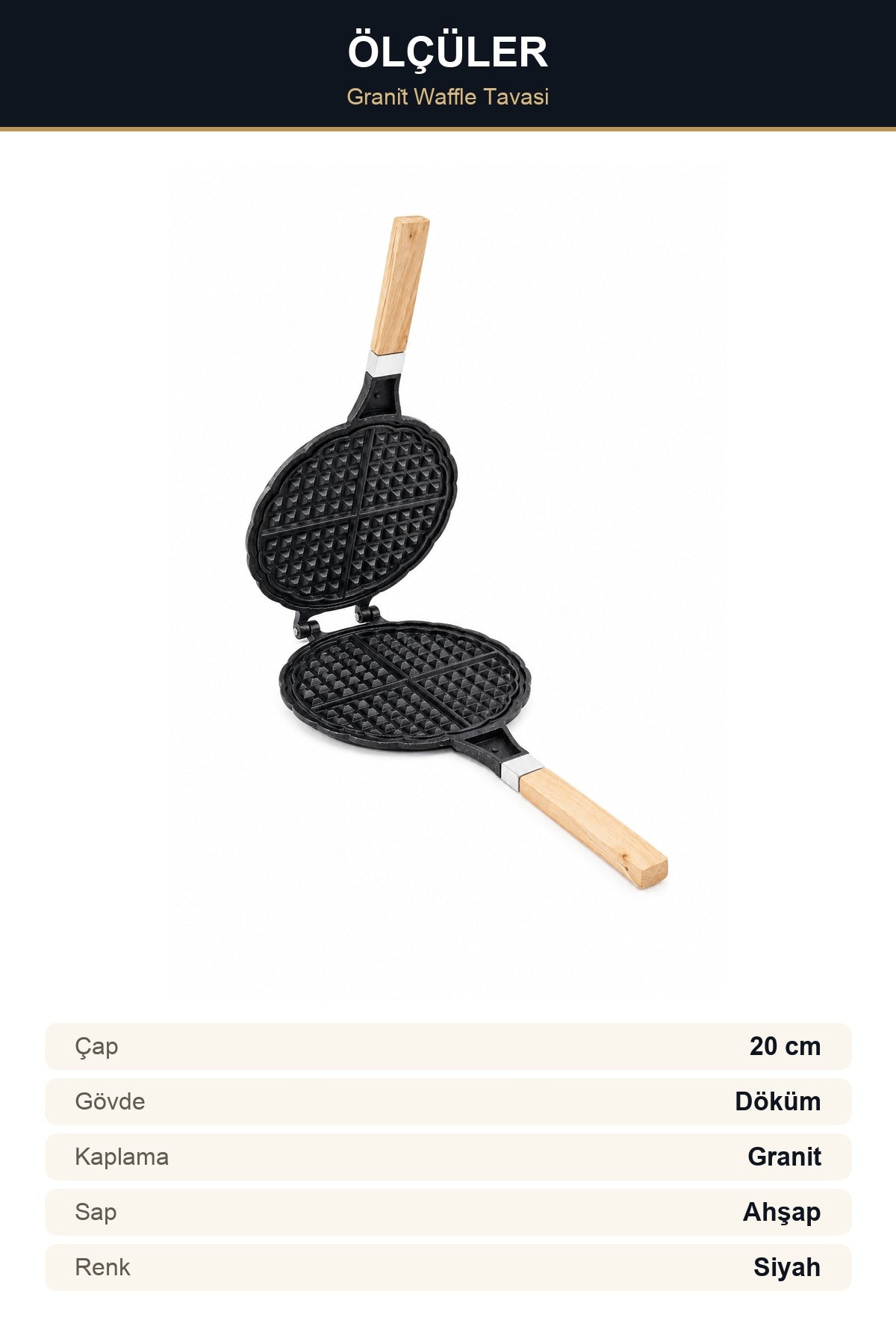 Granit Waffle Tavası 20 cm Ocak Üstü Döküm Ahşap Saplı Yapışmaz Waffle