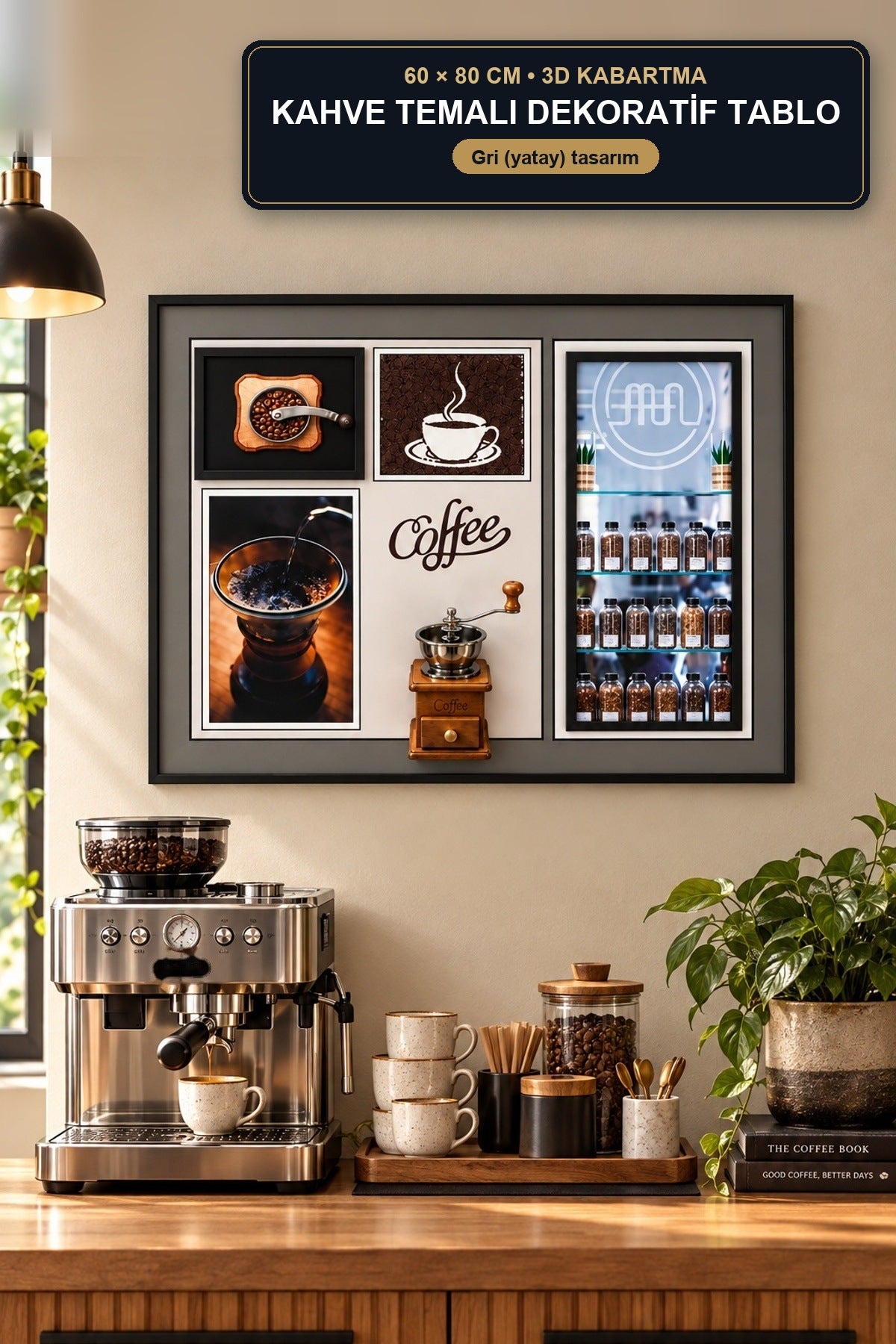 Kahve Temalı 3D Kabartmalı Dekoratif Tablo 60x80 cm Çerçeveli Kahve Kö Tasarım 1 - Gri