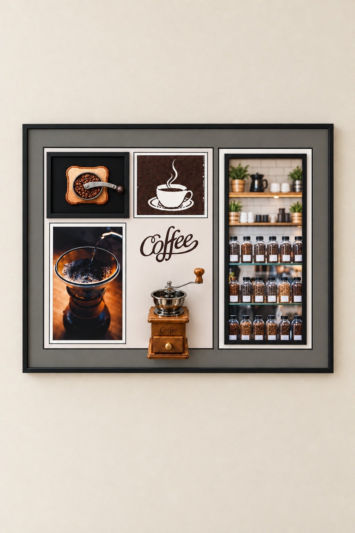 Kahve Temalı 3D Kabartmalı Dekoratif Tablo 60x80 cm Çerçeveli Kahve Kö Tasarım 1 - Gri