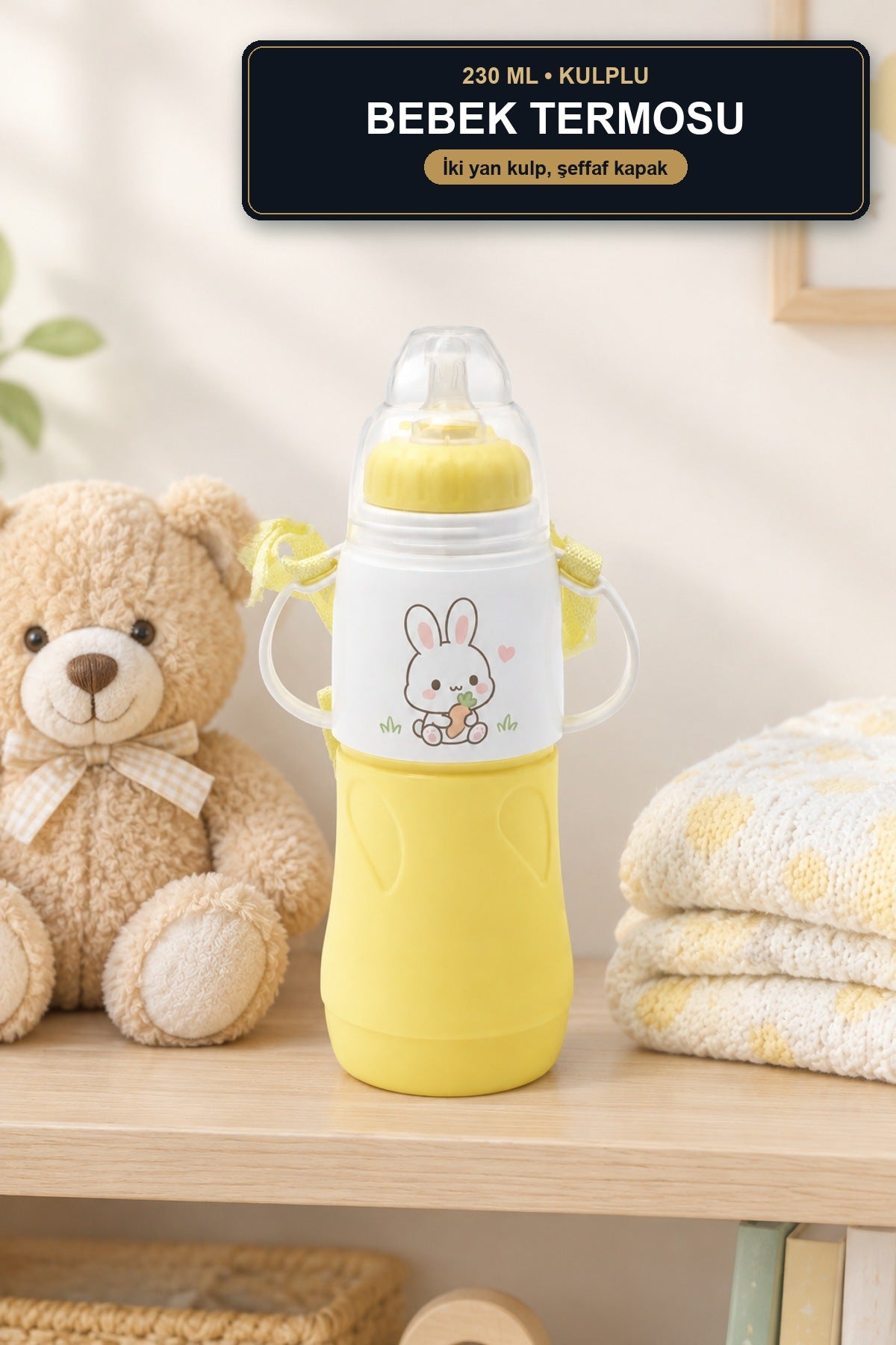 Bebek Termosu 230 ml Kulplu Sarı Çocuk Termos Matara Sıcak Soğuk