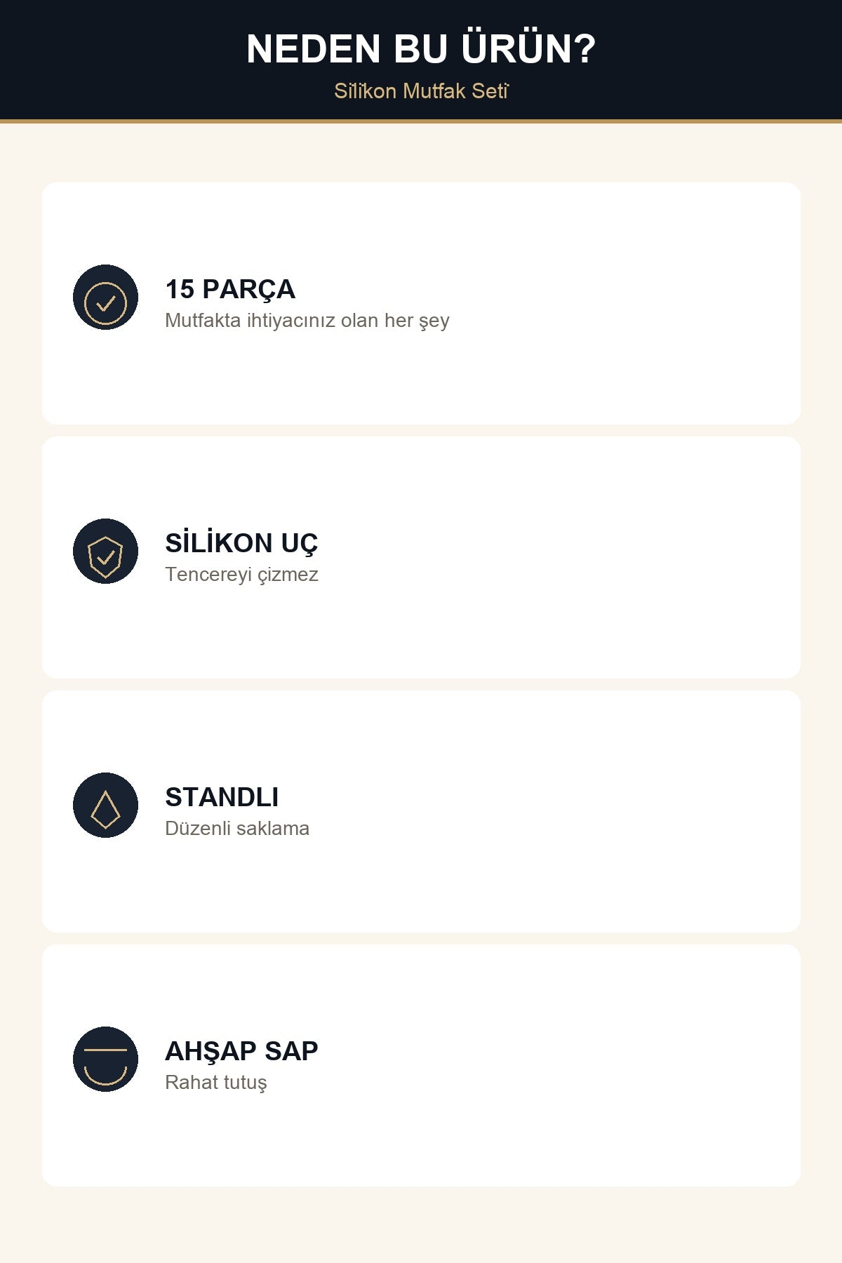 15 Parça Silikon Mutfak Gereçleri ve Bıçak Seti Standlı Gri Ahşap Sapl