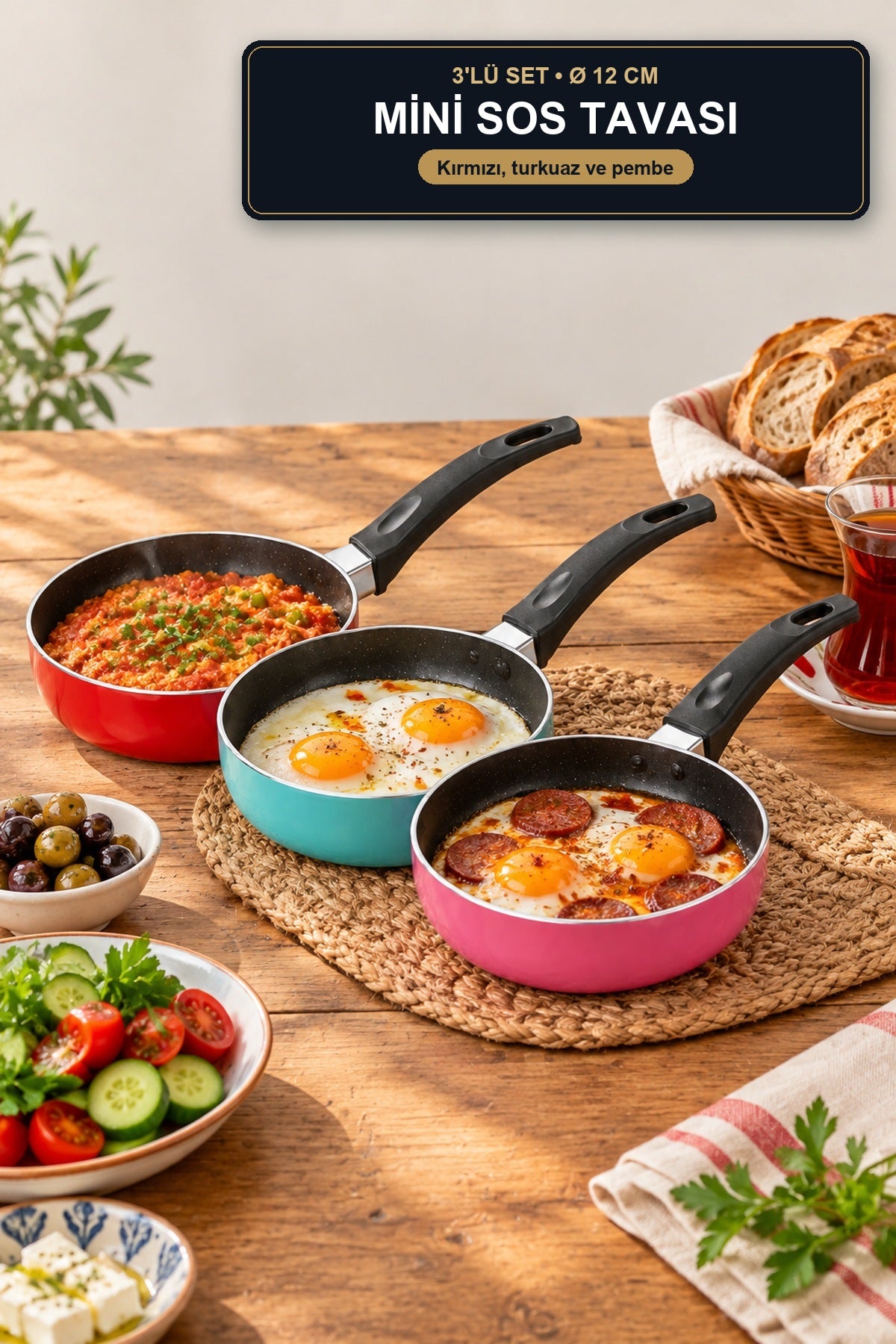 3'lü Mini Sos Tavası 12 cm Yapışmaz Teflon Renkli Yumurta Tavası Seti