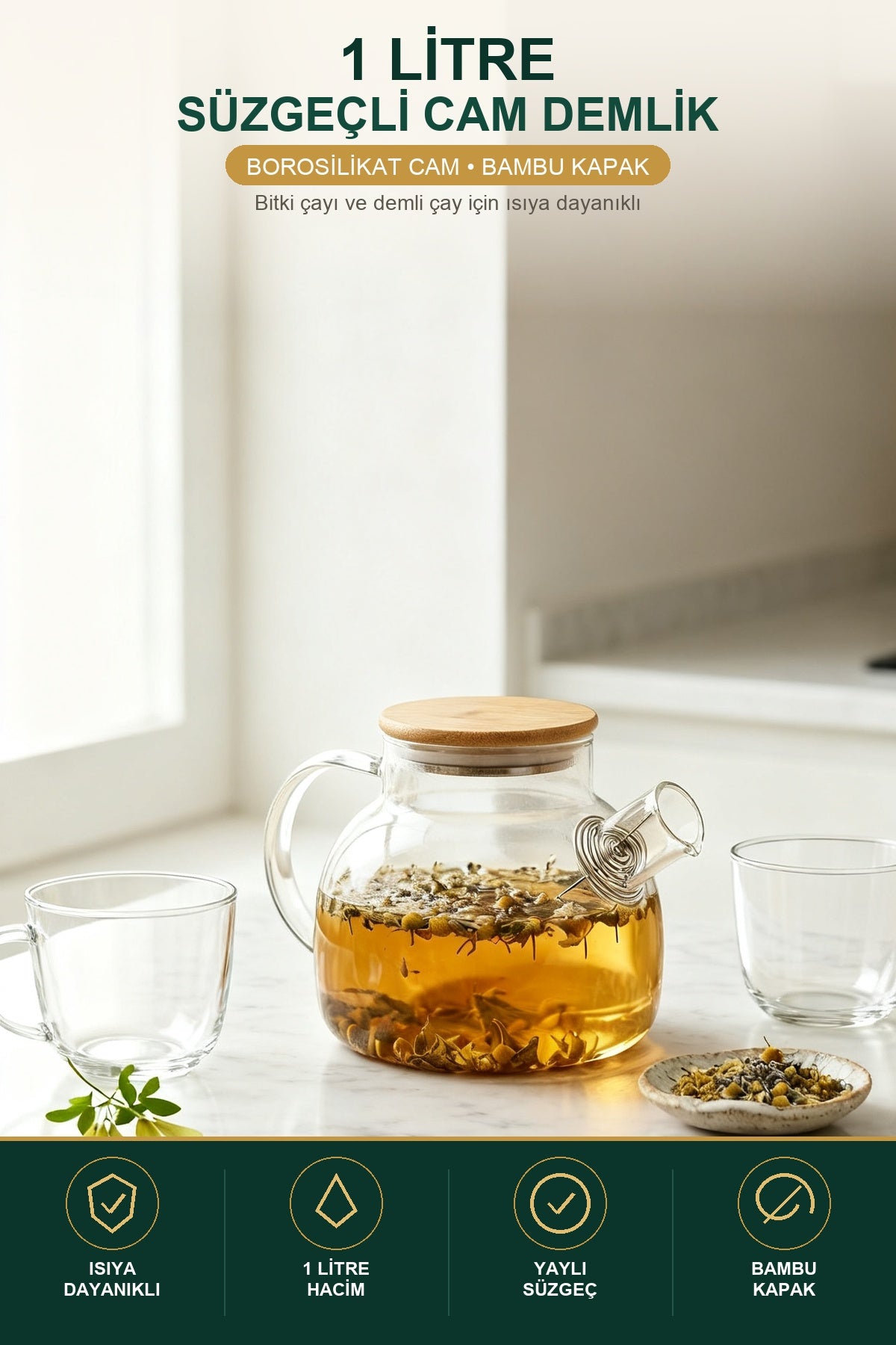Isıya Dayanıklı Süzgeçli Cam Demlik 1 Litre Borosilikat Bambu Kapaklı