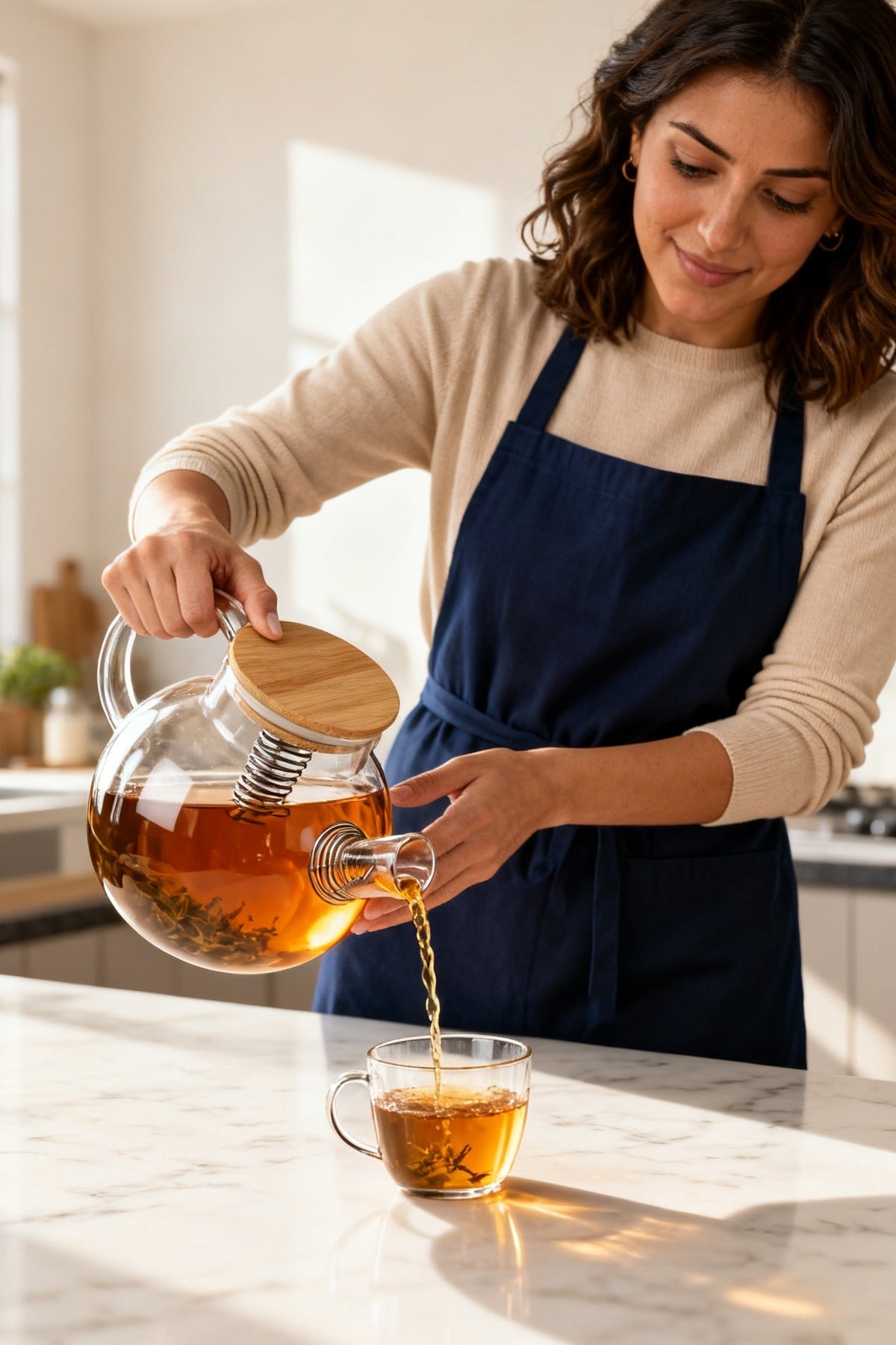 Isıya Dayanıklı Süzgeçli Cam Demlik 1 Litre Borosilikat Bambu Kapaklı