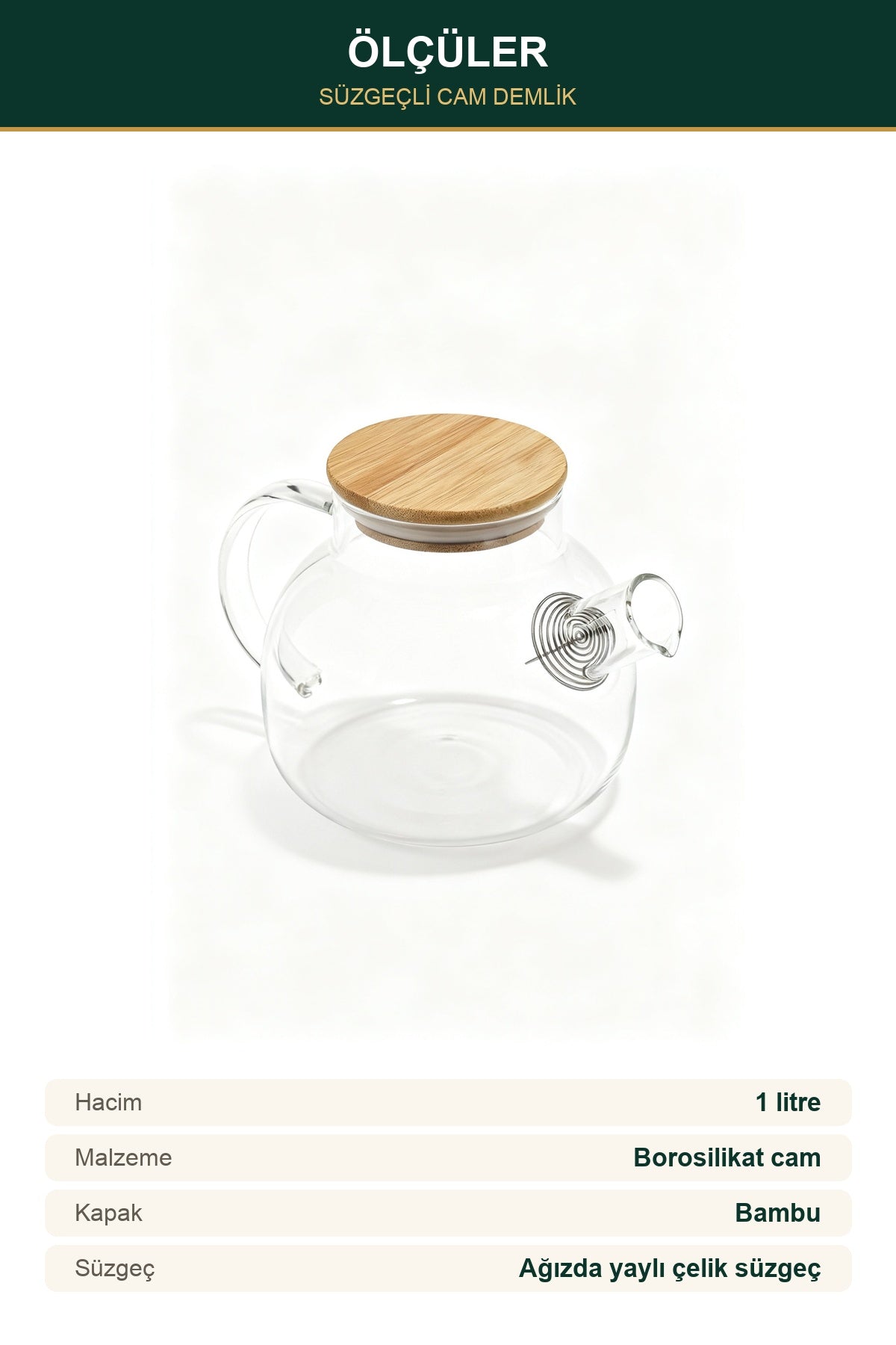 Isıya Dayanıklı Süzgeçli Cam Demlik 1 Litre Borosilikat Bambu Kapaklı