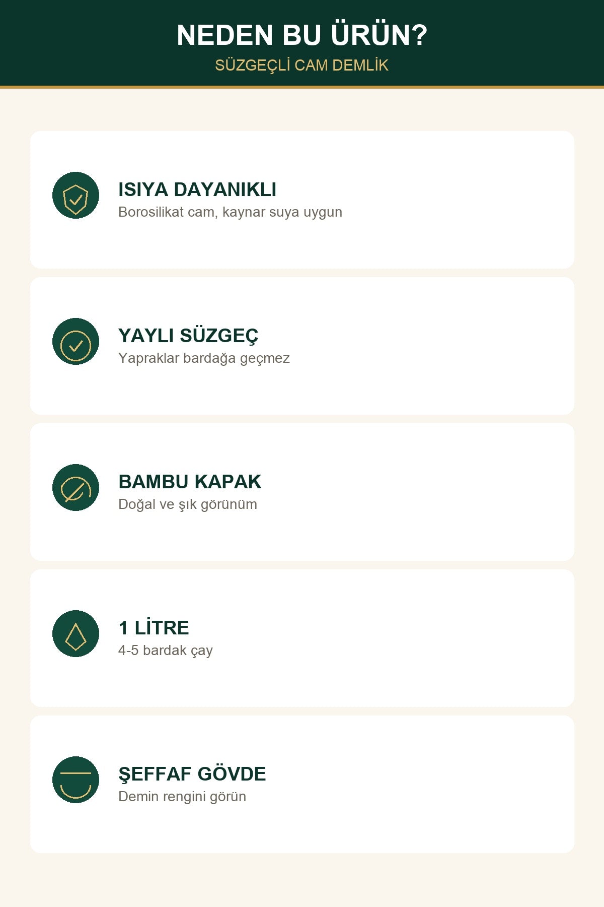 Isıya Dayanıklı Süzgeçli Cam Demlik 1 Litre Borosilikat Bambu Kapaklı