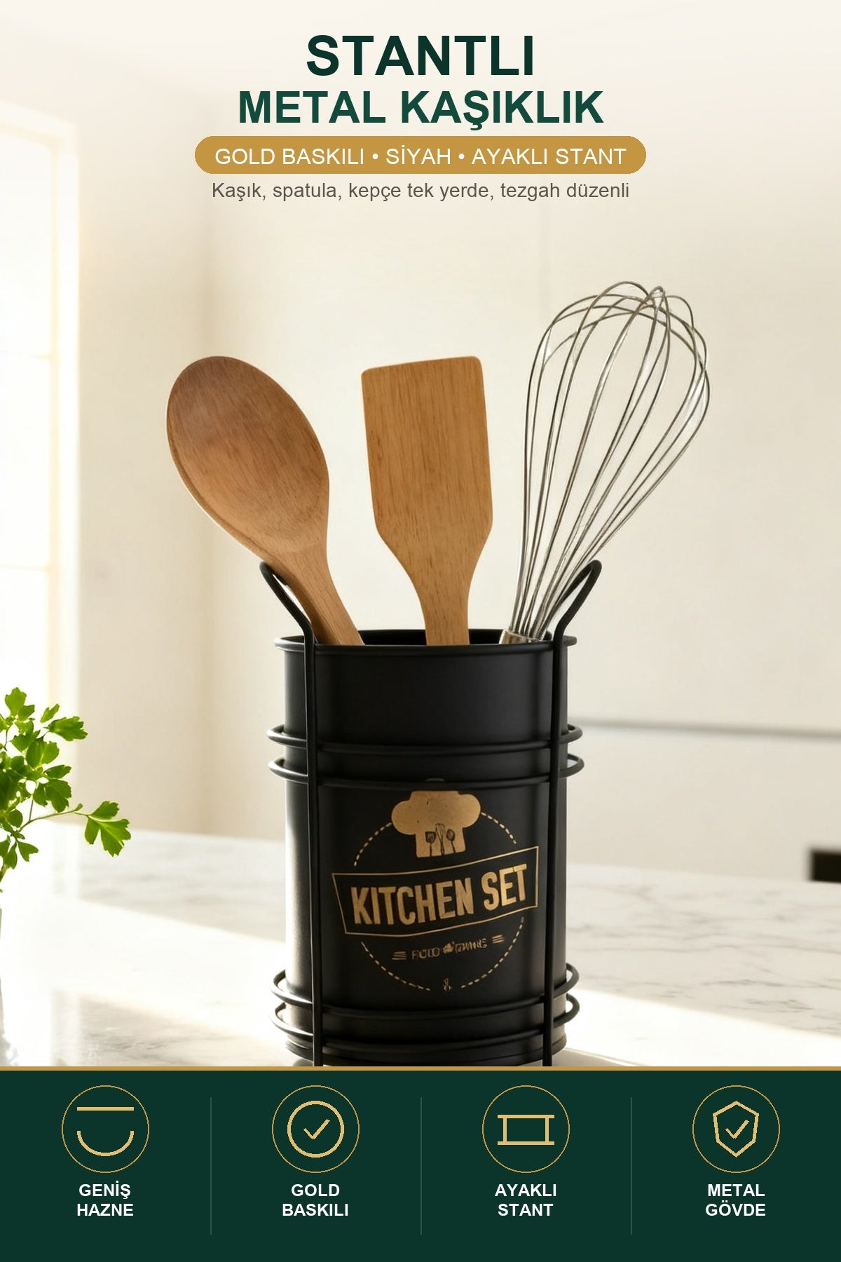 Stantlı Metal Kaşıklık Gold Baskılı Siyah Tezgah Üstü Mutfak Organizer