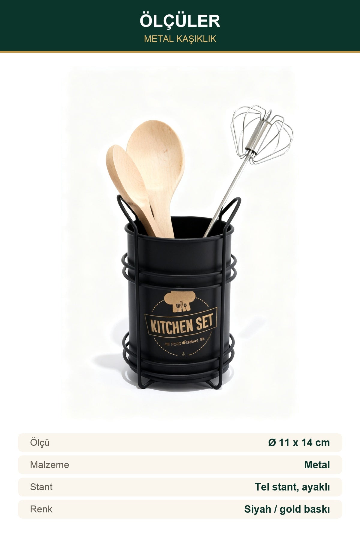 Stantlı Metal Kaşıklık Gold Baskılı Siyah Tezgah Üstü Mutfak Organizer