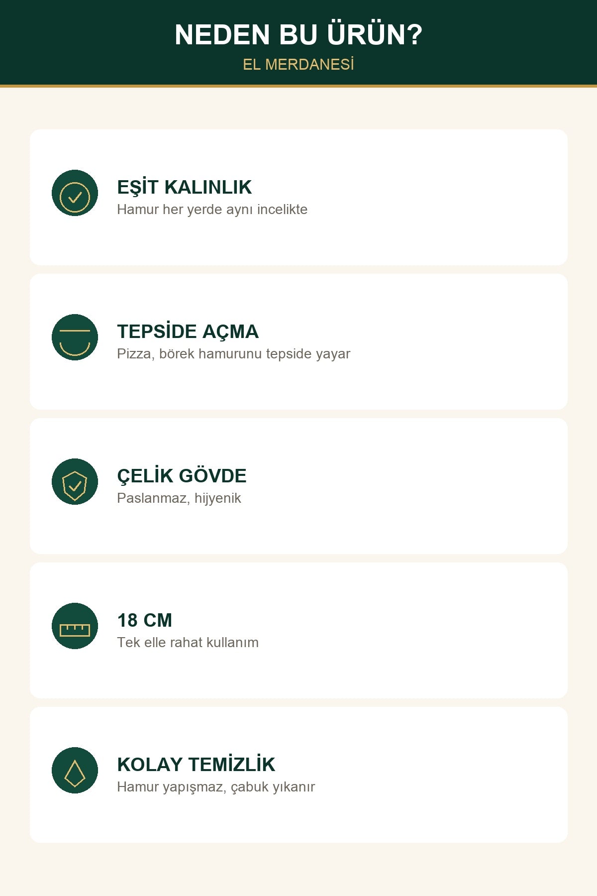 Paslanmaz Çelik Saplı El Merdanesi 18 cm Hamur Açma Pizza Börek Tepsi