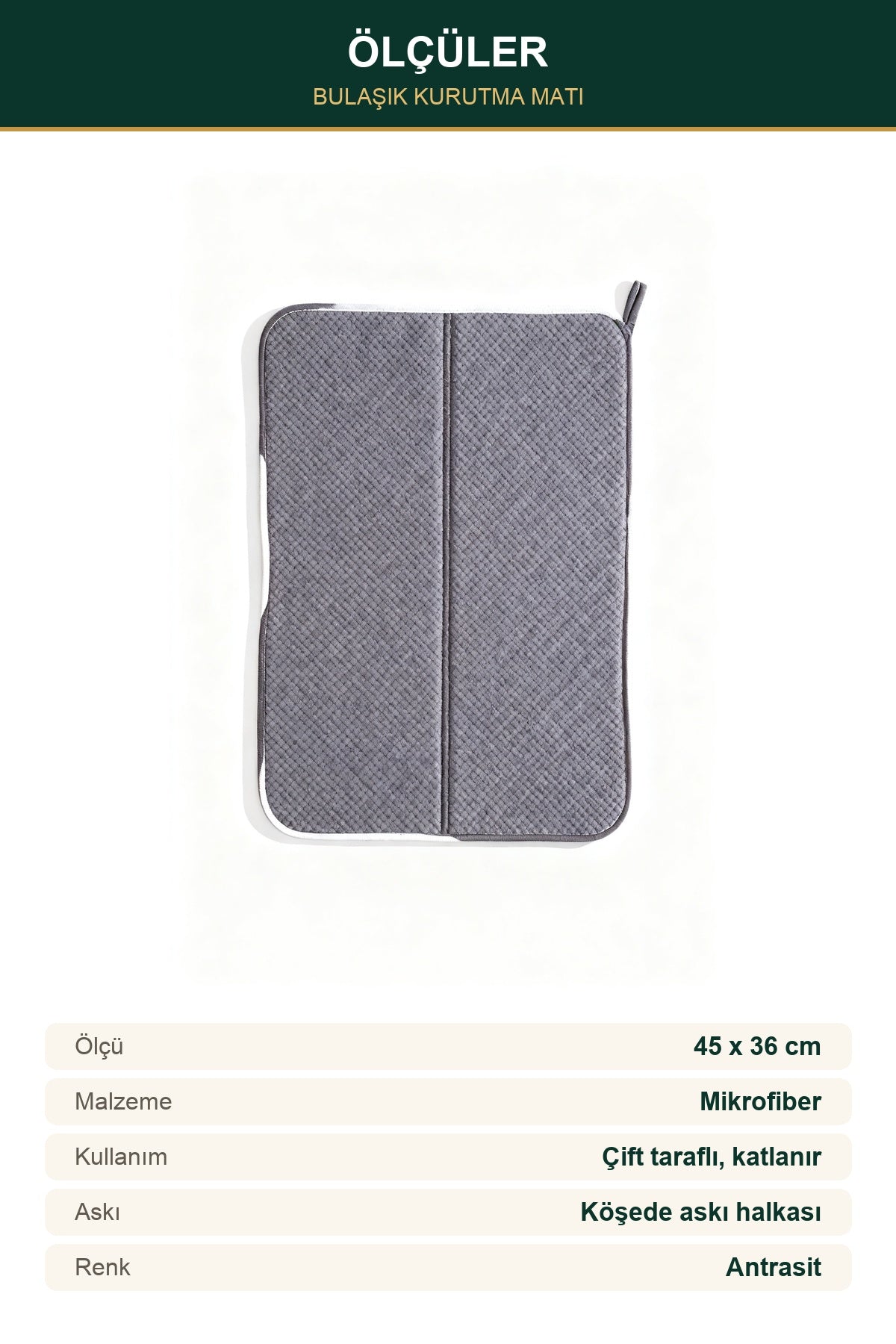 Mikrofiber Bulaşık Kurutma Matı 45x36 cm Antrasit Süper Emici Katlanır