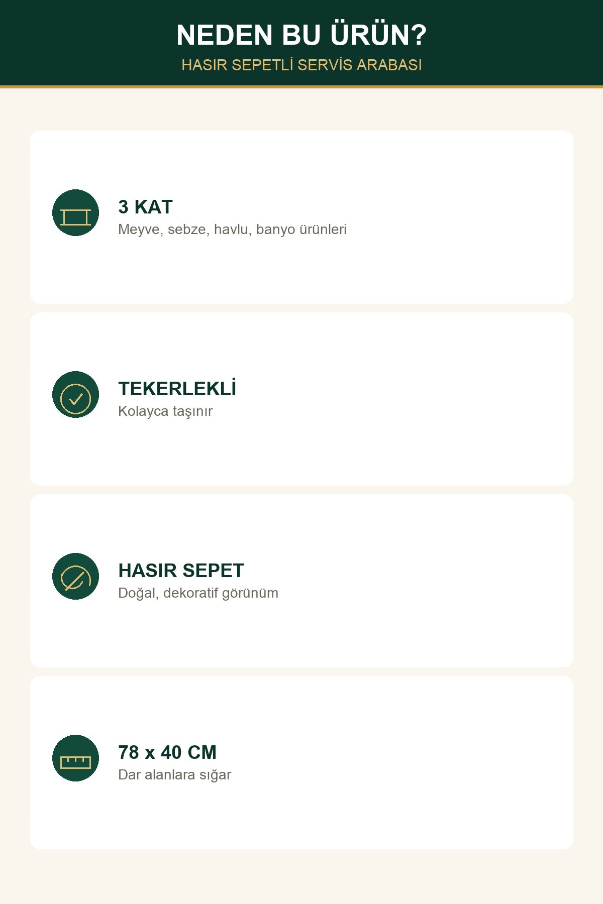 3 Katlı Tekerlekli Hasır Sepetli Düzenleyici Araba 78 cm Koyu Hasır